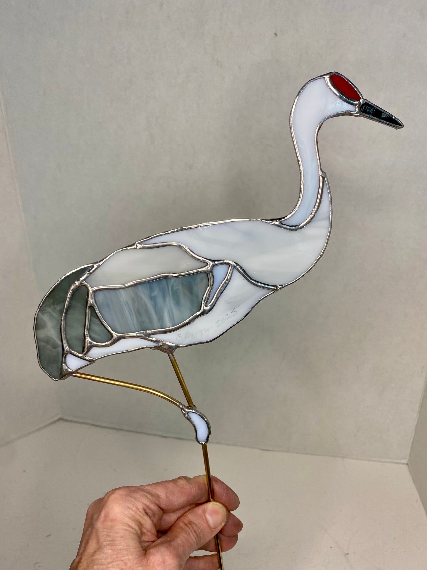Sandhill Crane Plant Stake by Hip Chick Glass LLC, Standing Crane, Glass Art Home Decor