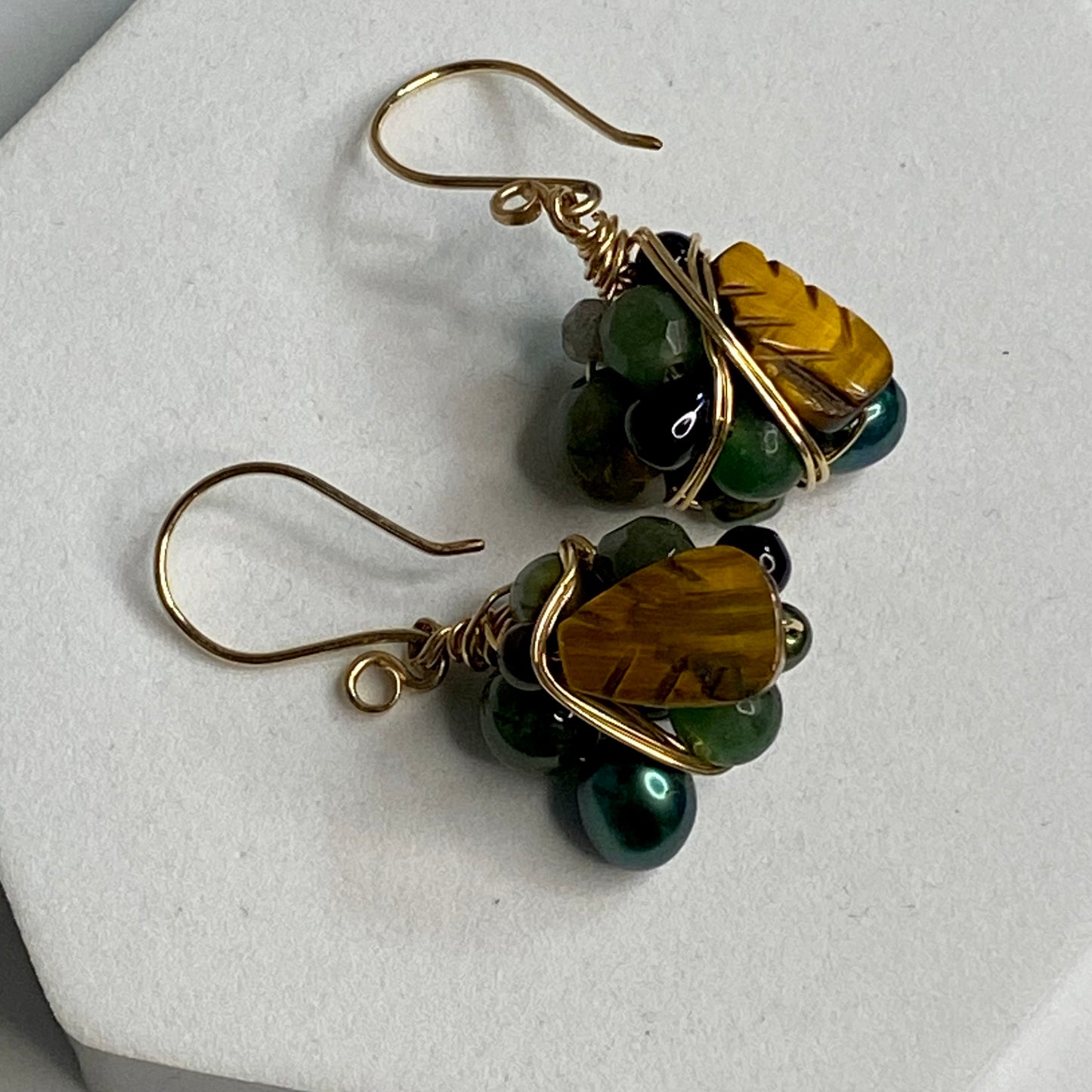 Green Gemstone Bead Wire Wrap Earrings by Hip Chick Glass, 14 Karat Gold Fill Earrings, Handmade Gemstone Jewelry, OOAK Birthstone Gift