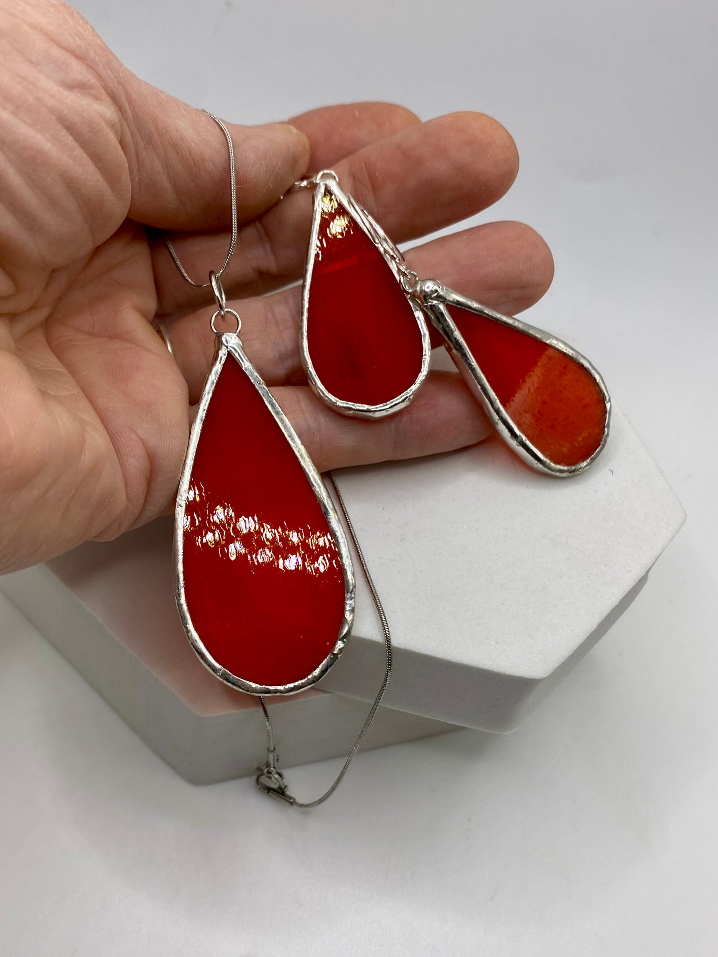 Orange Teardrop Stained Glass Jewelry Set by Hip Chick Glass, Stained Glass Necklace Stained Glass Earrings