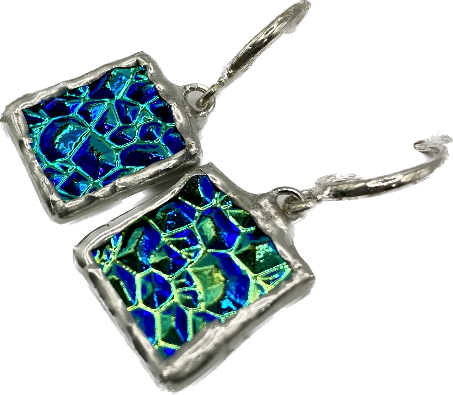 Teal Square Earrings | Stained Glass Earrings by Hip Chick Glass, Stained Glass Dangle Drop Earrings, Stained Glass Earrings