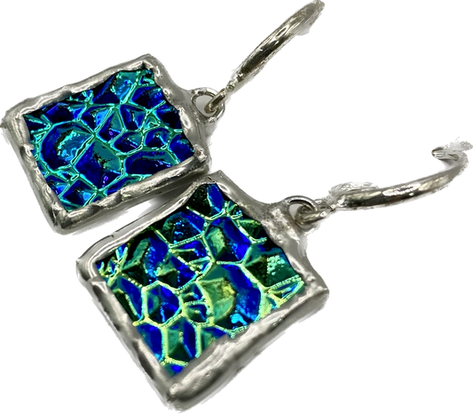 Teal Square Earrings | Stained Glass Earrings by Hip Chick Glass, Stained Glass Dangle Drop Earrings, Stained Glass Earrings