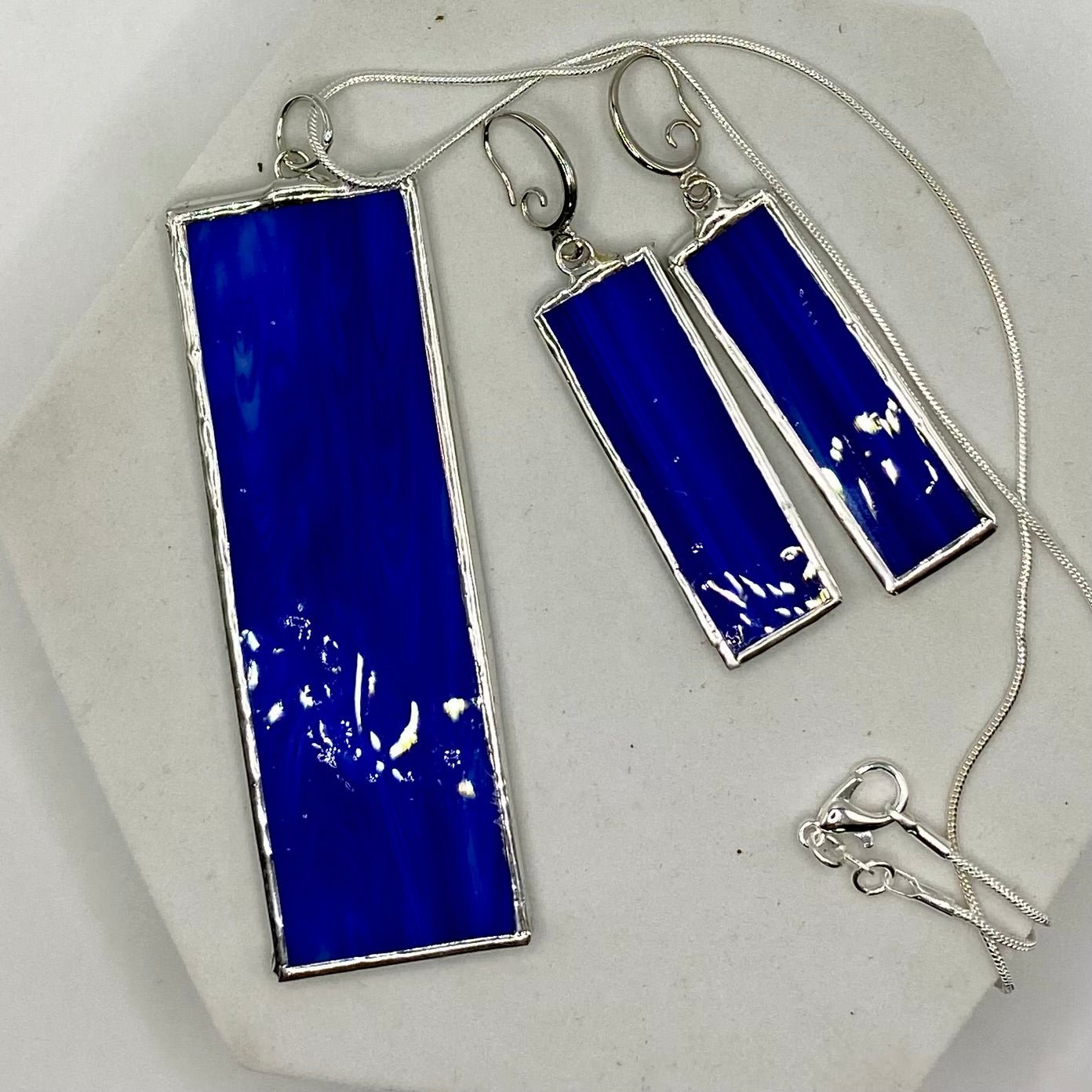 Dark Blue Rectangle Stained Glass Jewelry Set by Hip Chick Glass, Stained Glass Necklace Stained Glass Earrings