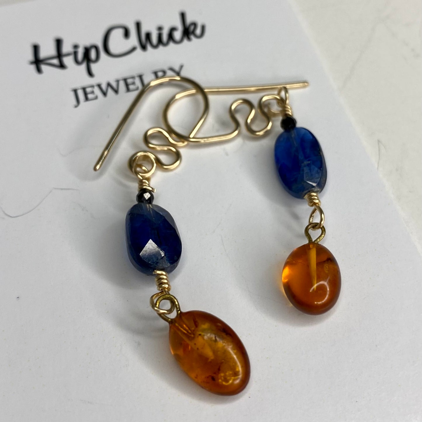 Kyanite, Amber & Black Spinel Dangle Earrings by Hip Chick Glass, 14 Karat Gold Fill Earrings, Handmade Gemstone Jewelry, Birthstone Gift