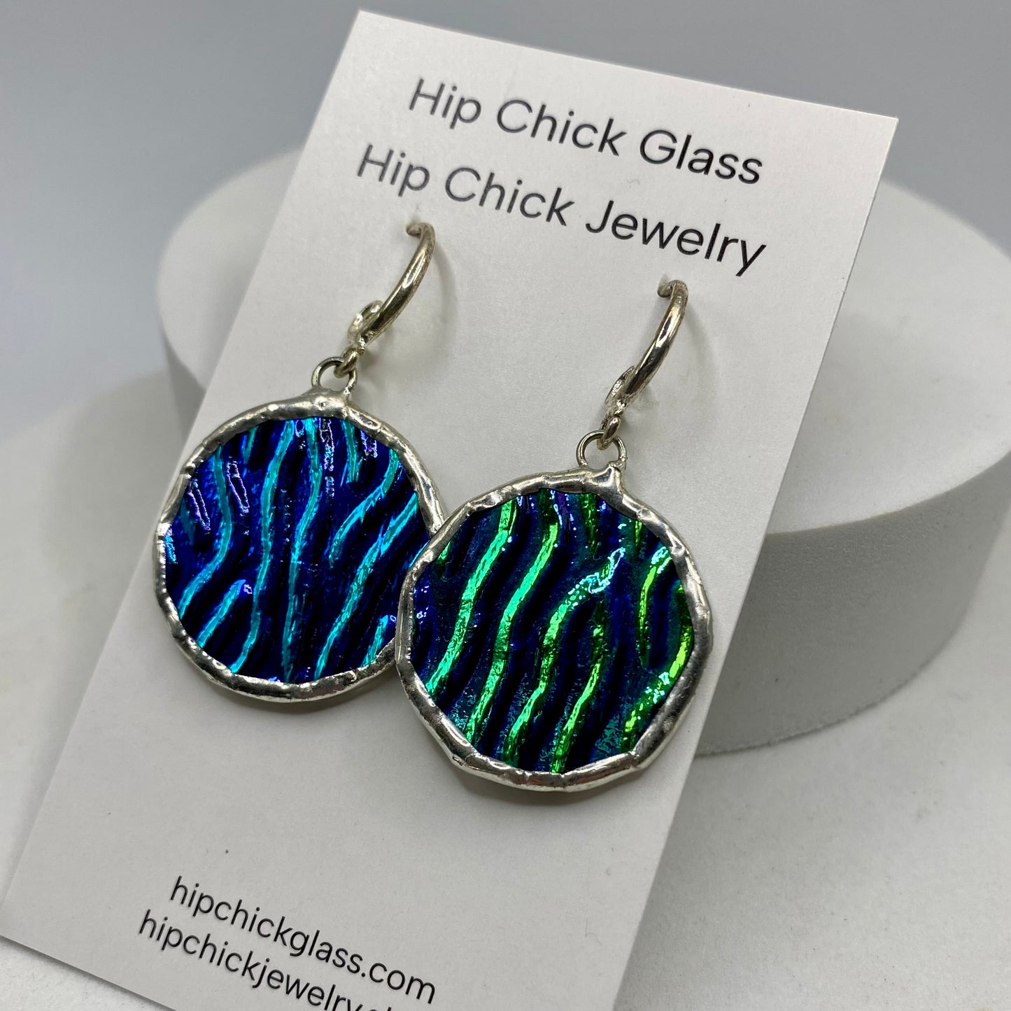 Blue Dichroic Glass Circle Earrings | Stained Glass Earrings by Hip Chick Glass, Stained Glass Dangle Drop Earrings, Stained Glass Earrings