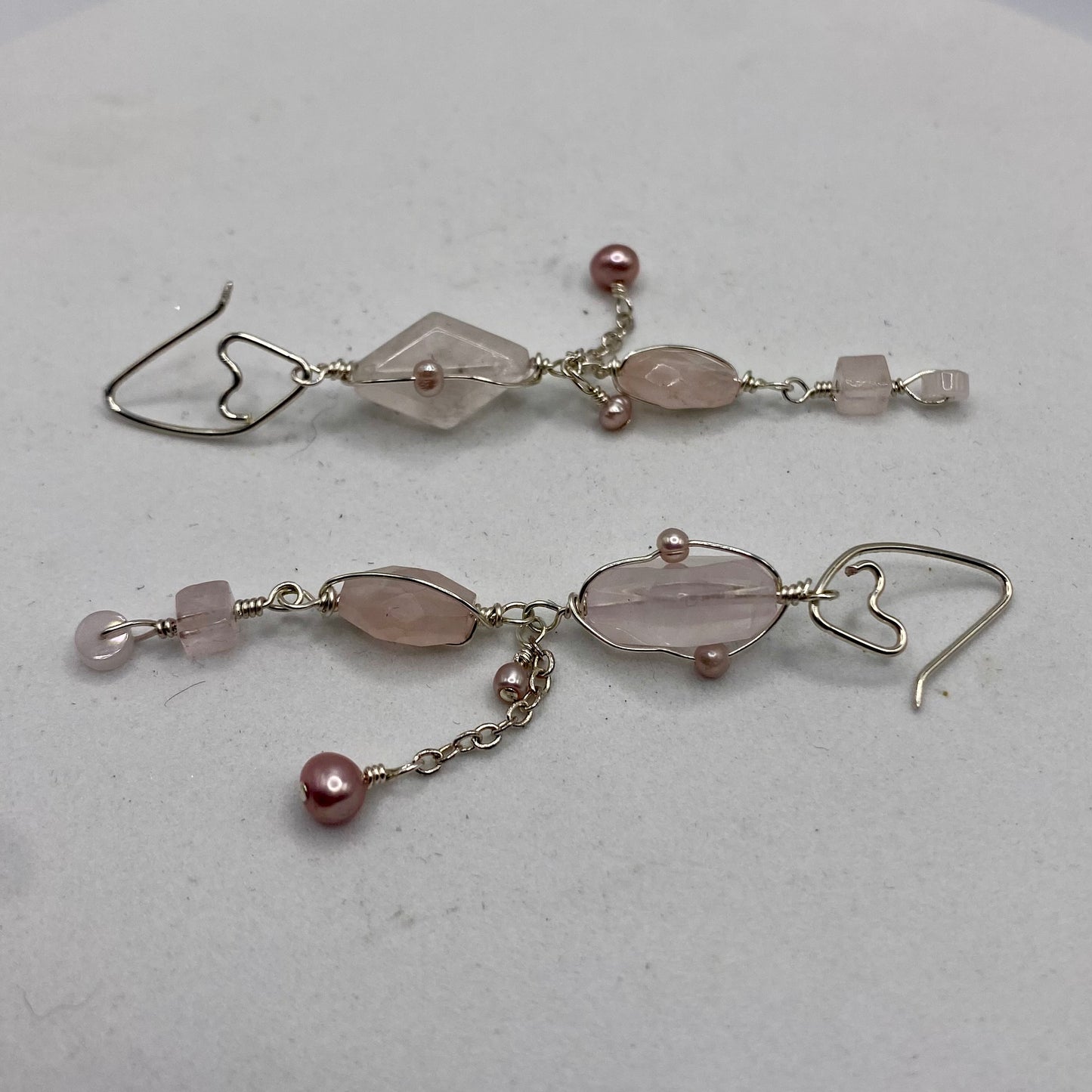 Long Rose Quartz & Pearl Dangle Earrings by Hip Chick Glass, Sterling Silver Earrings, Handmade Gemstone Jewelry, June Birthstone Gift