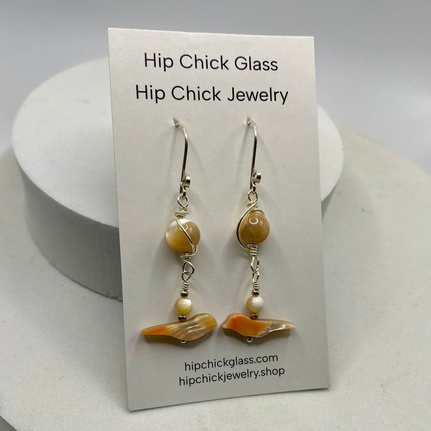 Abalone, Mother of Pearl Long Bird Earrings by Hip Chick Glass, Handmade Sterling Silver Earrings, Silver Gemstone Jewelry