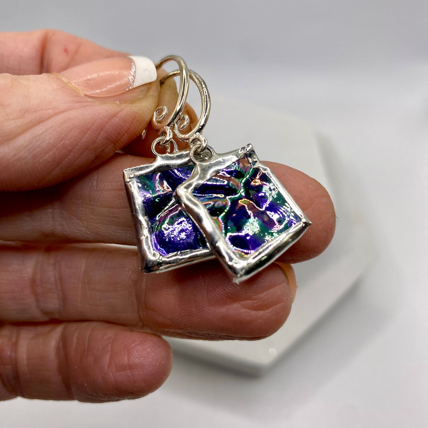 Blue Square Earrings | Stained Glass Earrings by Hip Chick Glass, Stained Glass Dangle Drop Earrings, Stained Glass Earrings