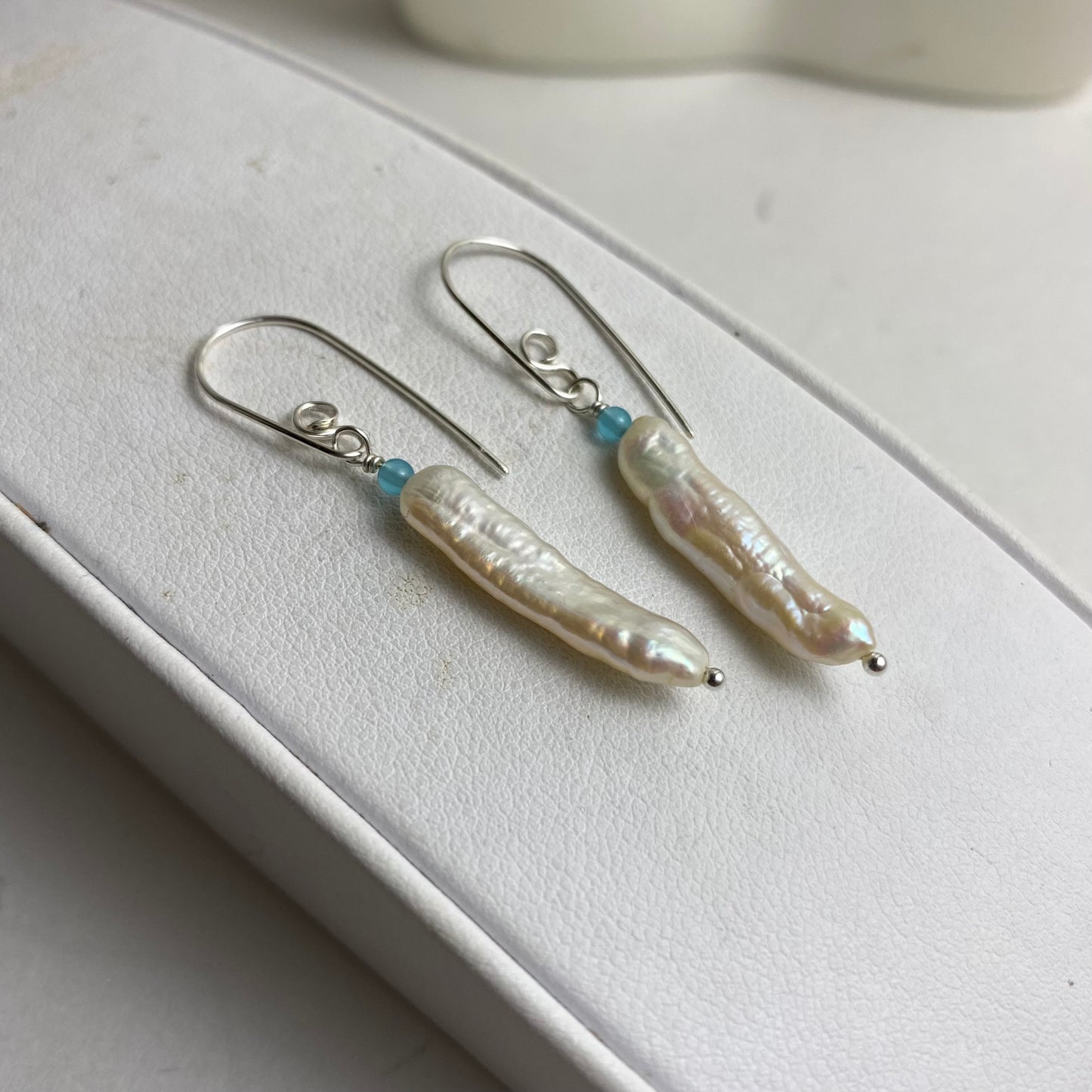 Stick Pearl & Aquamarine Dangle Earrings by Hip Chick Glass, LLC, Sterling Silver Earrings, Handmade Gemstone Jewelry, June Birthstone Gift, March Birthstone