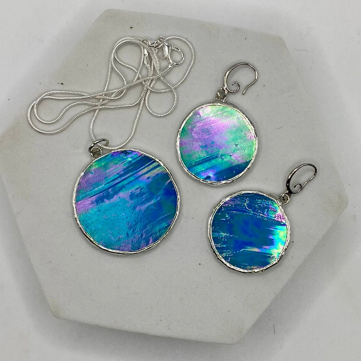 Light Blue Circle Stained Glass Jewelry Set by Hip Chick Glass, Stained Glass Necklace Stained Glass Earrings