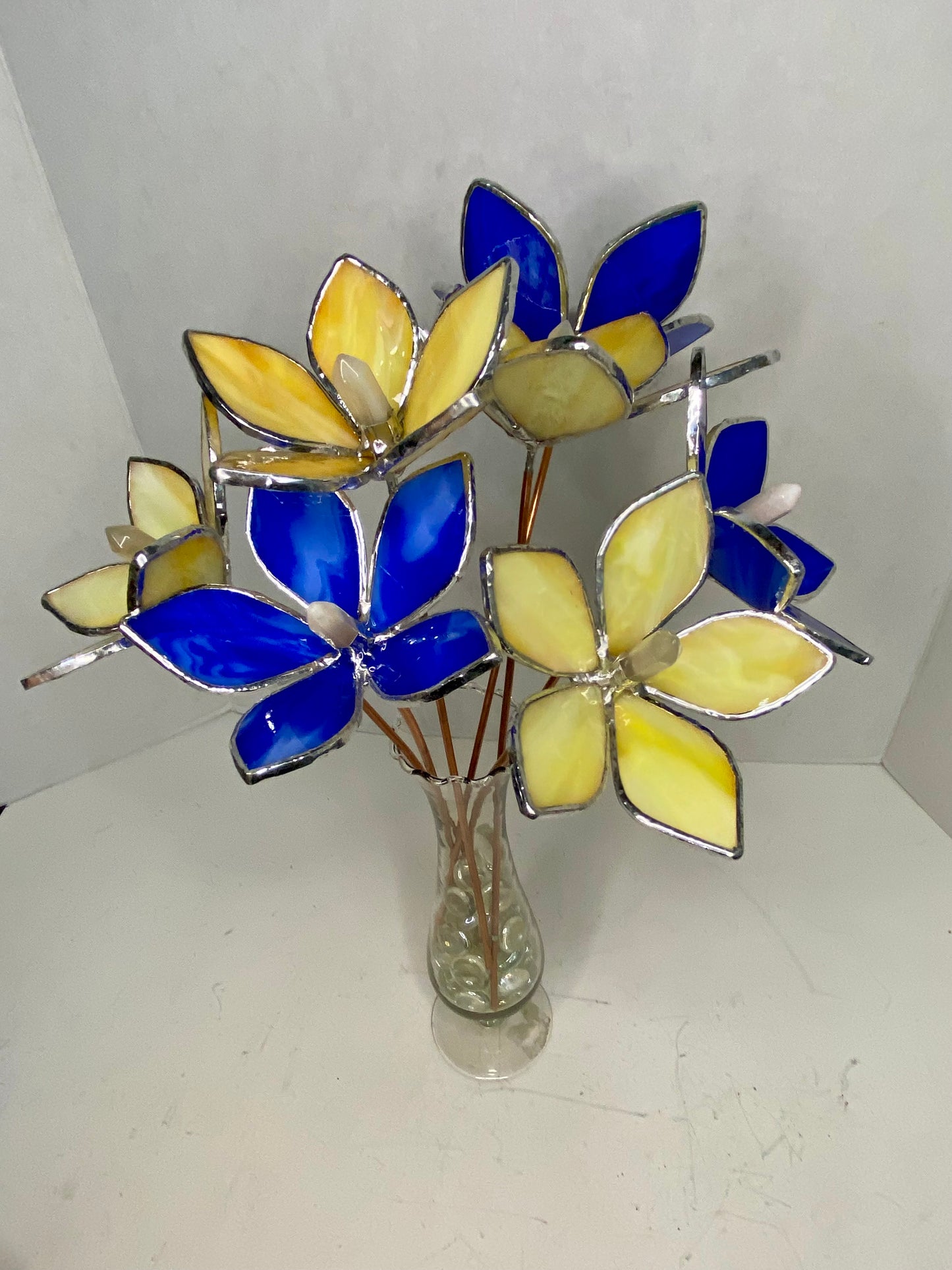 Yellow & Blue Stained Glass Flower Bouquet by Hip Chick Glass, Glass Flowers with Quartz Crystals on a Stem, Handmade Home Decor, Wedding Bouquet Keepsake, Tabletop Decor