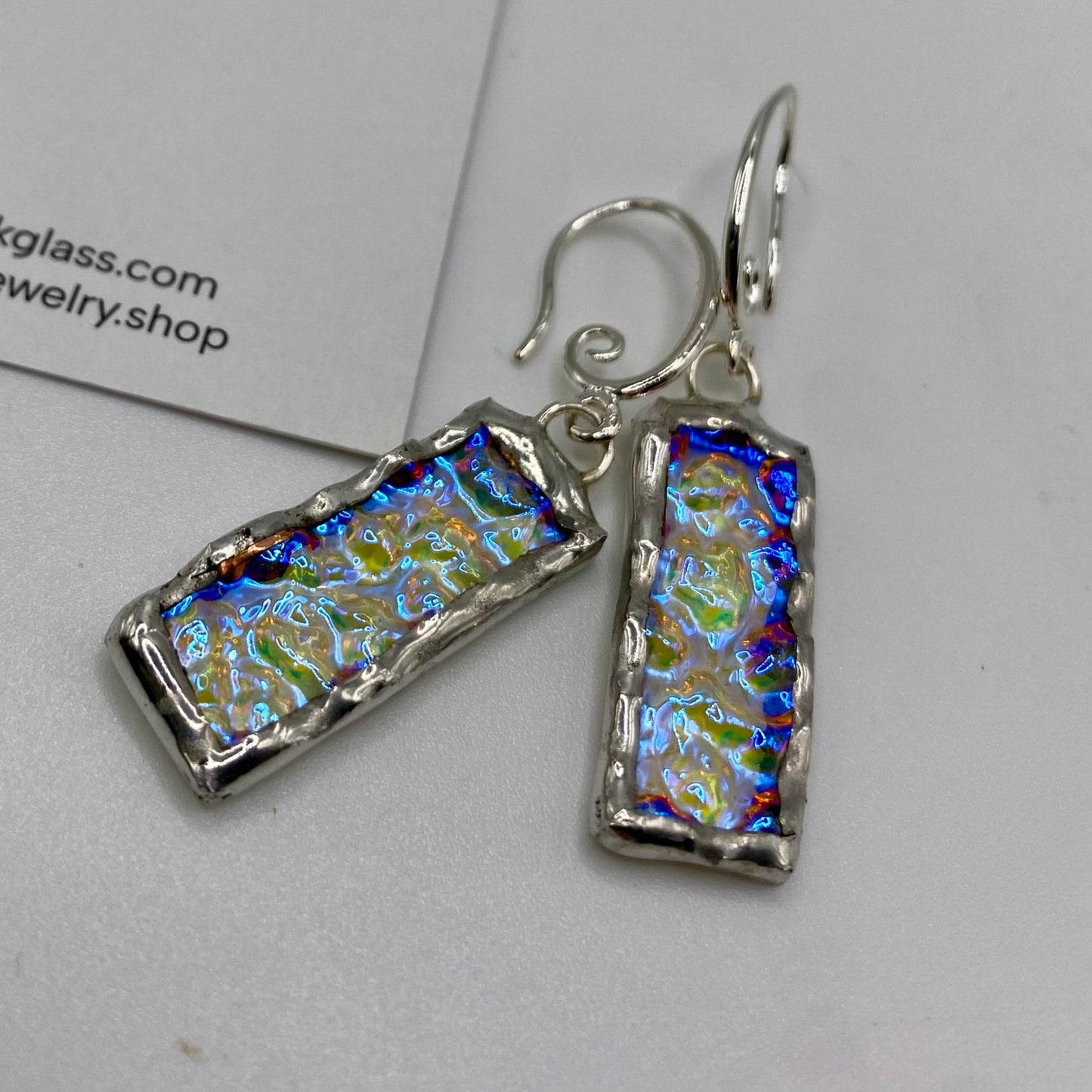 Iridescent Rectangle Earrings | Stained Glass Earrings by Hip Chick Glass, Stained Glass Dangle Drop Earrings, Stained Glass Earrings