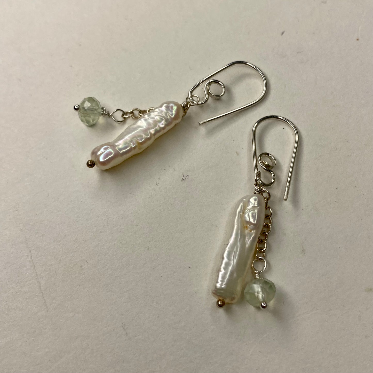 Pearl & Prehnite Double Drop Earrings by Hip Chick Glass, Sterling Silver Earrings, Handmade Gemstone Jewelry, June Birthstone Gift