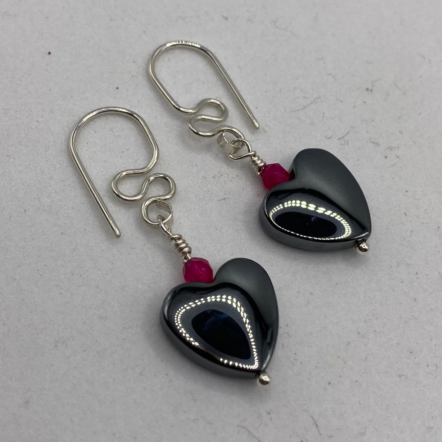 Hematite Heart Dangle Earrings by Hip Chick Glass, Sterling Silver Earrings, Handmade Gemstone Jewelry, Handmade Jewelry Gift, Birthstone Earrings