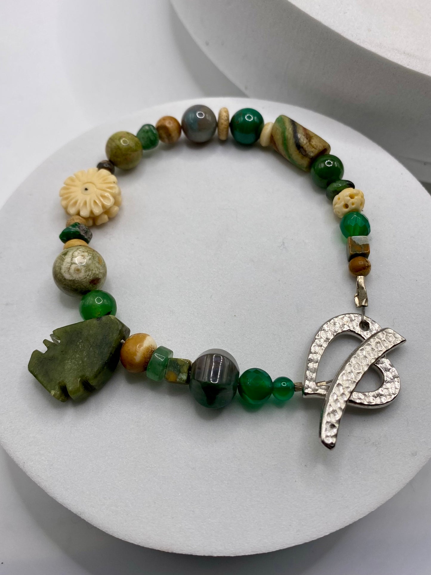 Valentines Day Bracelet with Heart Clasp & Mixed Green Gemstones by Hip Chick Glass, Handmade Bracelet, Handmade Gemstone Bracelet, Birthstone Gift