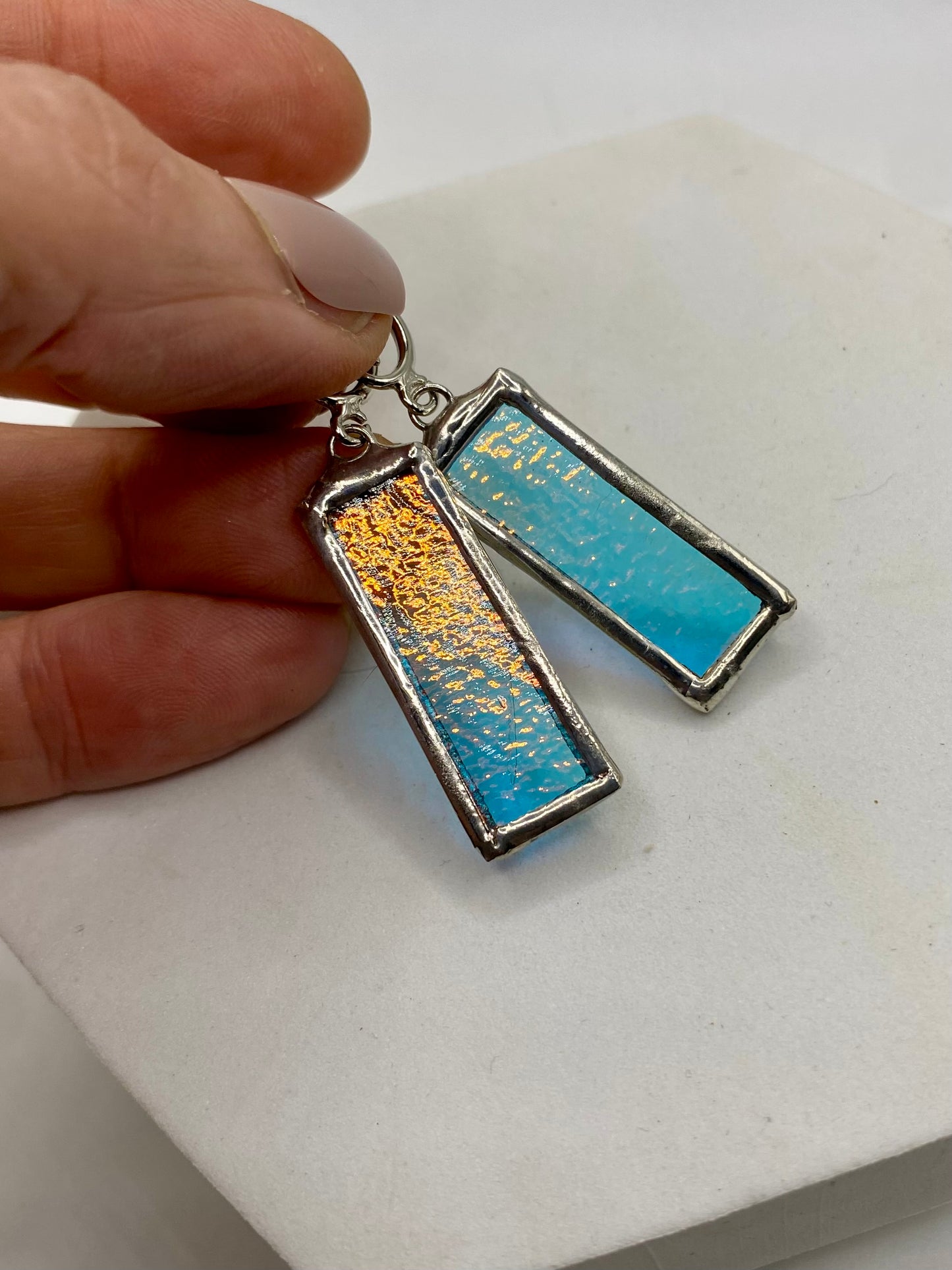 Blue & Yellow Rectangle Earrings | Stained Glass Earrings by Hip Chick Glass, Iridescent Statement Earrings, Geometric Earrings