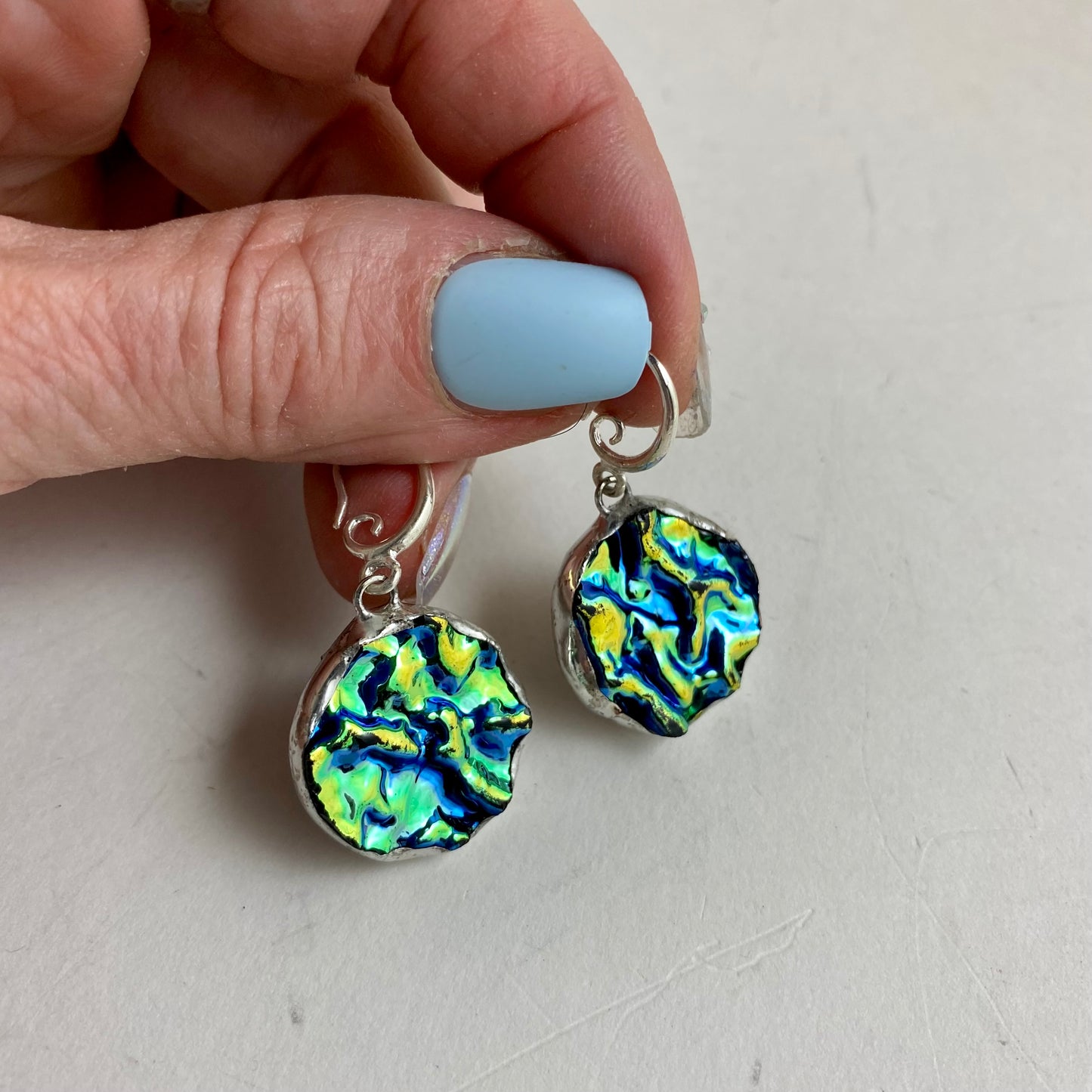 Iridescent Circle Earrings | Stained Glass Earrings by Hip Chick Glass, Stained Glass Dangle Drop Earrings, Stained Glass Earrings