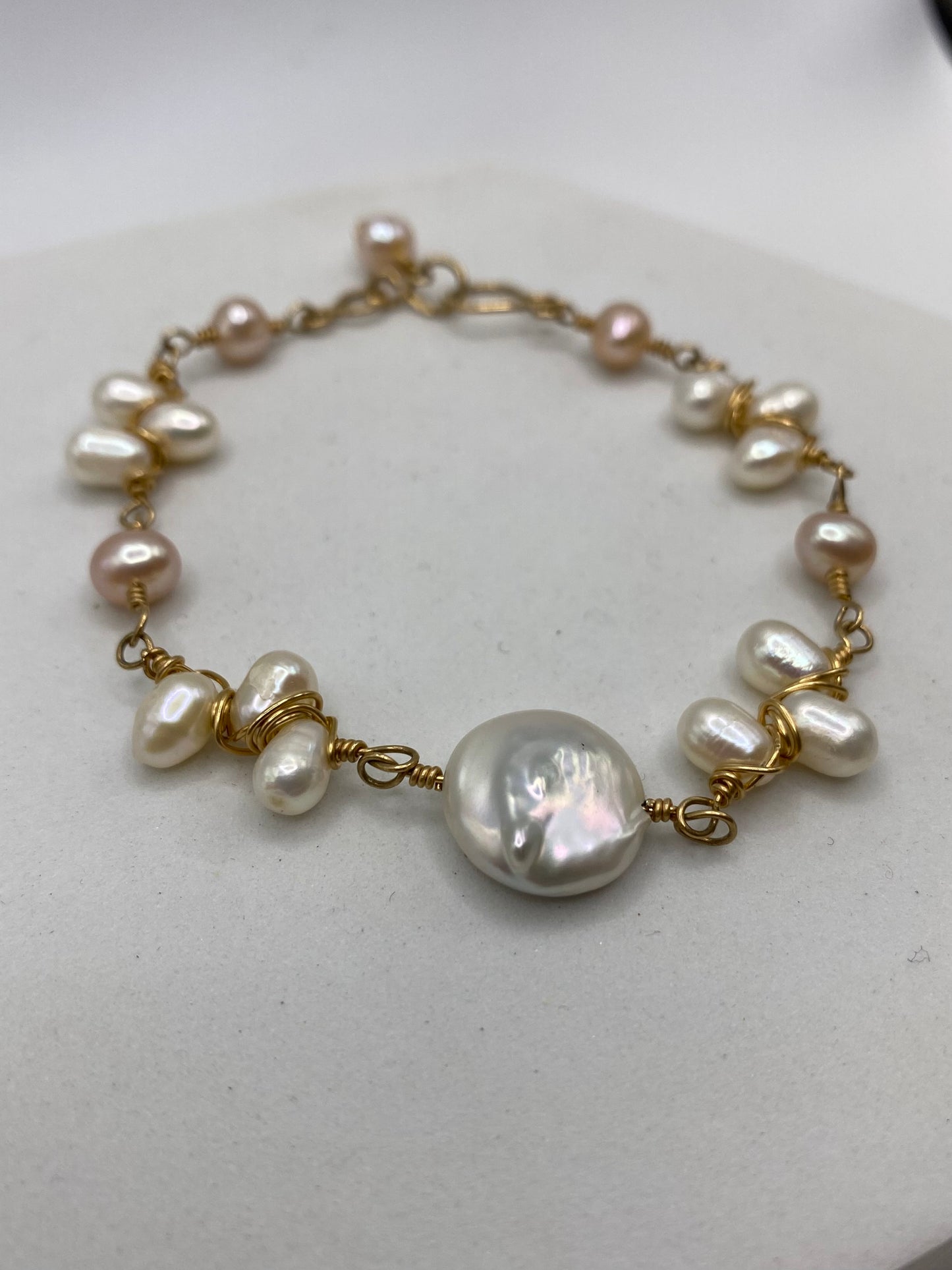 Coin Pearl Bracelet by Hip Chick Glass, Gold Pearl Bracelet, Gold Fill Wire Wrap Jewelry, Handmade Pearl Bracelet, June Birthstone Gift
