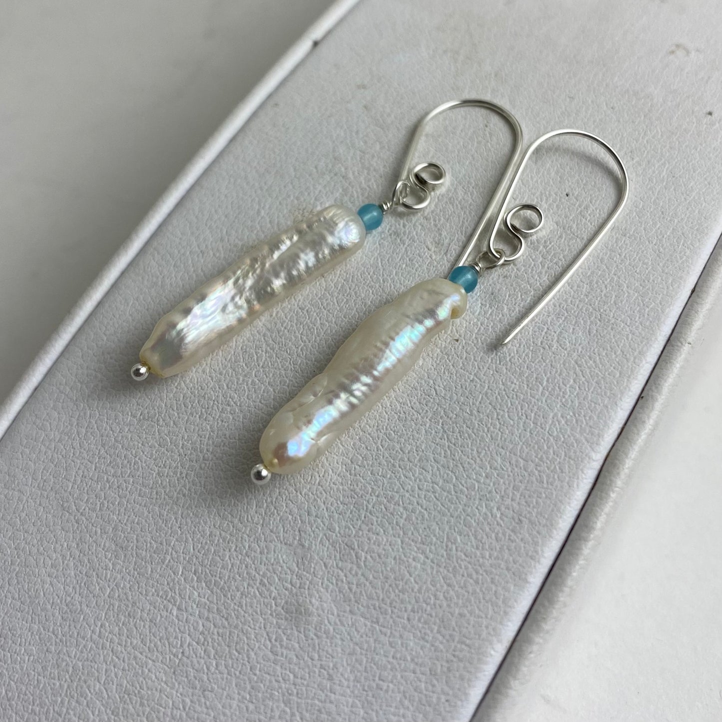 Stick Pearl & Aquamarine Dangle Earrings by Hip Chick Glass, LLC, Sterling Silver Earrings, Handmade Gemstone Jewelry, June Birthstone Gift, March Birthstone