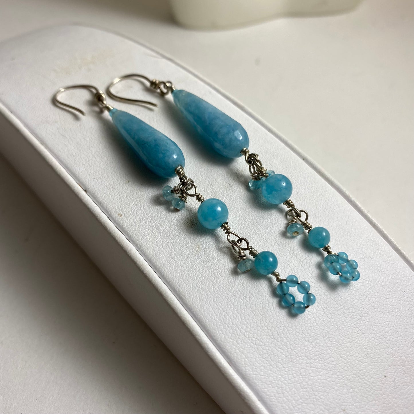 Long Aquamarine & Angelite Dangle Earrings by Hip Chick Glass, Sterling Silver Earrings, Handmade Gemstone Jewelry, March Birthstone Gift
