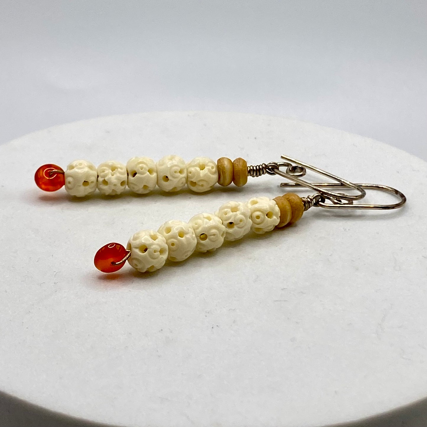 Carnelian, Carved Bone & Seed Earrings by Hip Chick Glass, Sterling Silver Earrings, Handmade Gemstone Jewelry, Gift For Woman