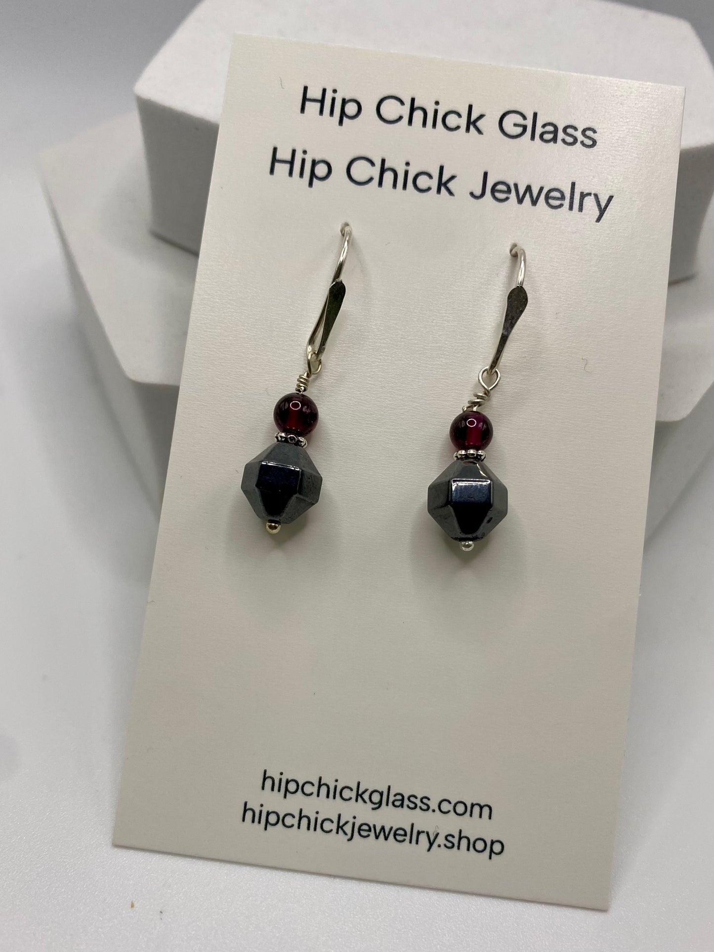 Garnet & Hematite Earrings by Hip Chick Glass, Sterling Silver Earrings, Handmade Garnet Earrings, Handmade Hematite Earrings, January Birthstone Gift