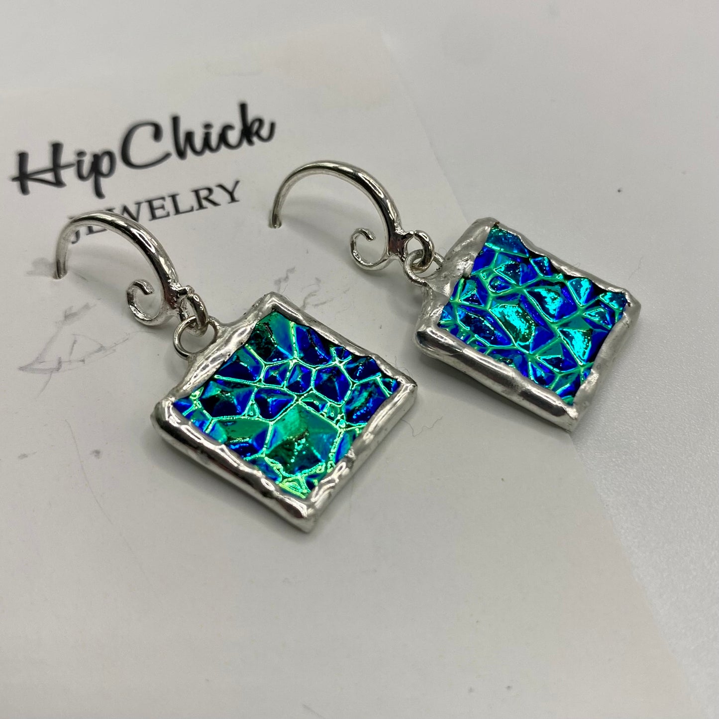 Teal Square Earrings | Stained Glass Earrings by Hip Chick Glass, Stained Glass Dangle Drop Earrings, Stained Glass Earrings