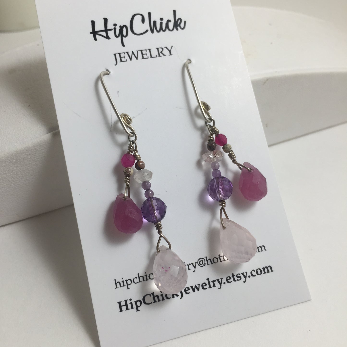 Rose Quartz, Pink Chalcedony, Amethyst, Hematite Gemstone Earrings by Hip Chick Glass, Sterling Silver Earrings, Handmade Gemstone Jewelry, Birthstone Gift