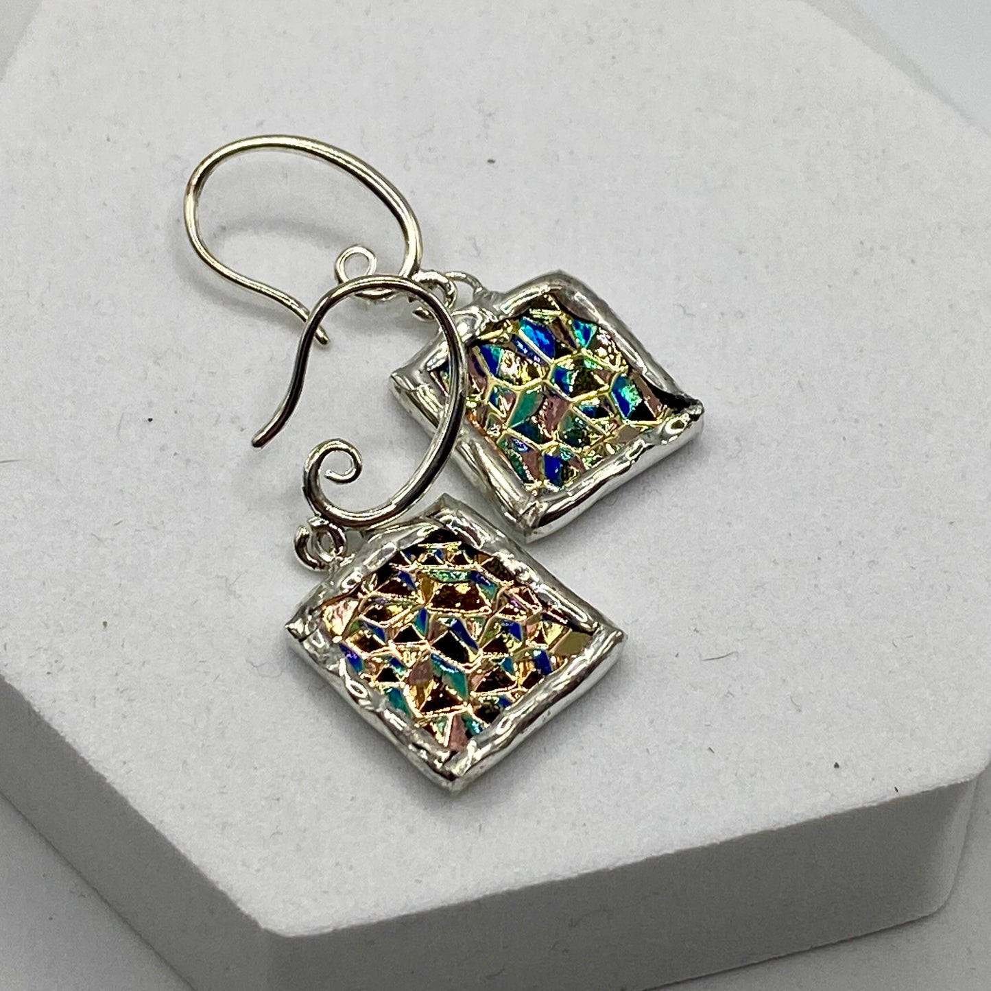 Iridescent Beige Earrings | Stained Glass Earrings by Hip Chick Glass, Stained Glass Dangle Drop Earrings, Stained Glass Earrings