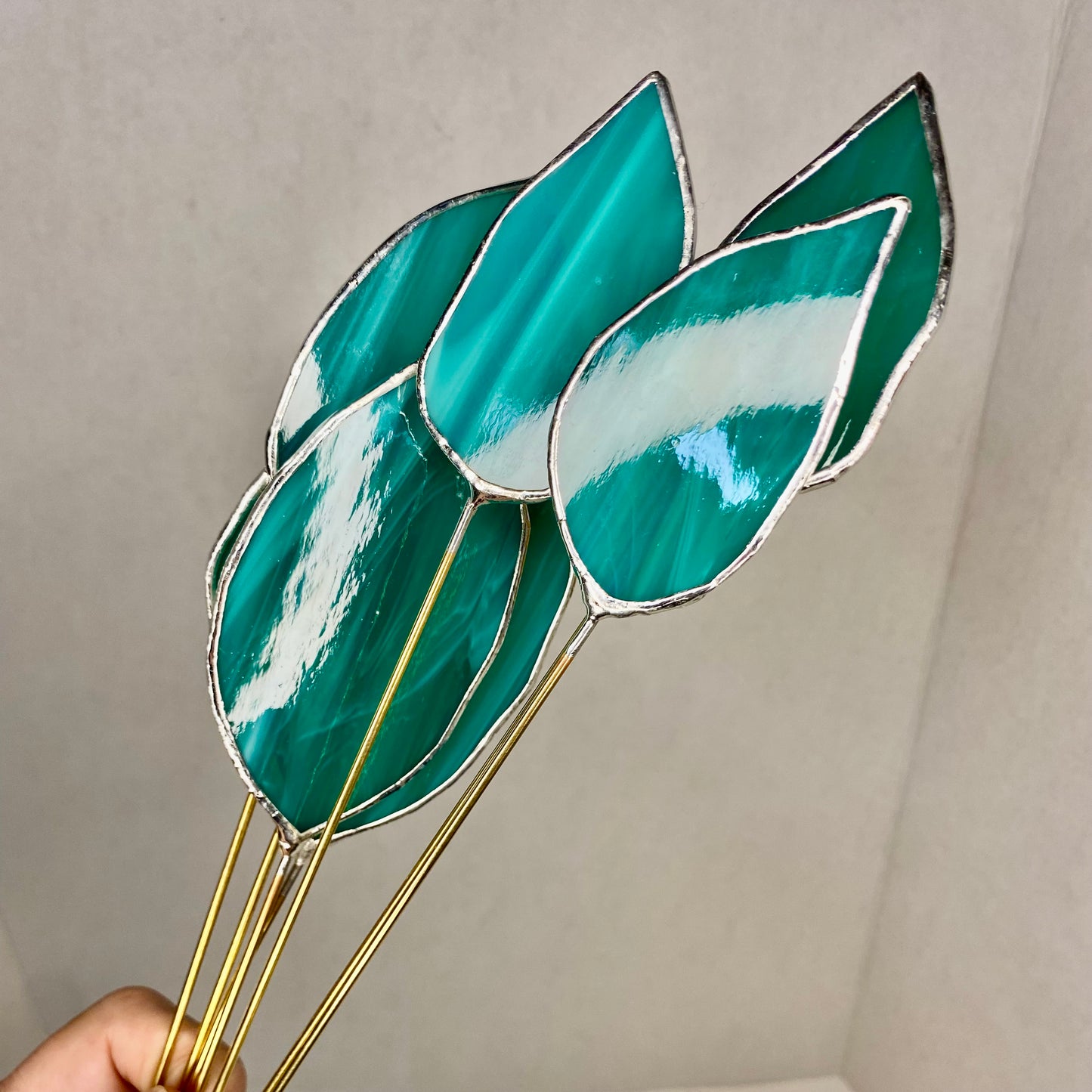 Mini Bouquet, Set of 3 Flowers & 1 Leaf | Stained Glass Flower Bouquet, Glass Flowers with Quartz Crystals on a Stem, Handmade Home Decor, Wedding Bouquet Keepsake, Tabletop Decor