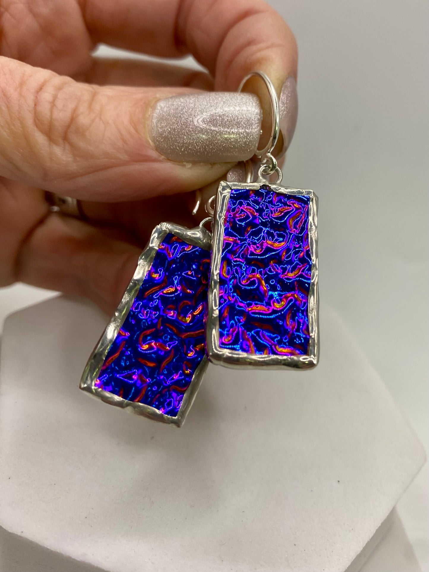 Blue Purple Rectangle Earrings | Stained Glass Earrings by Hip Chick Glass, Stained Glass Dangle Drop Earrings, Stained Glass Earrings