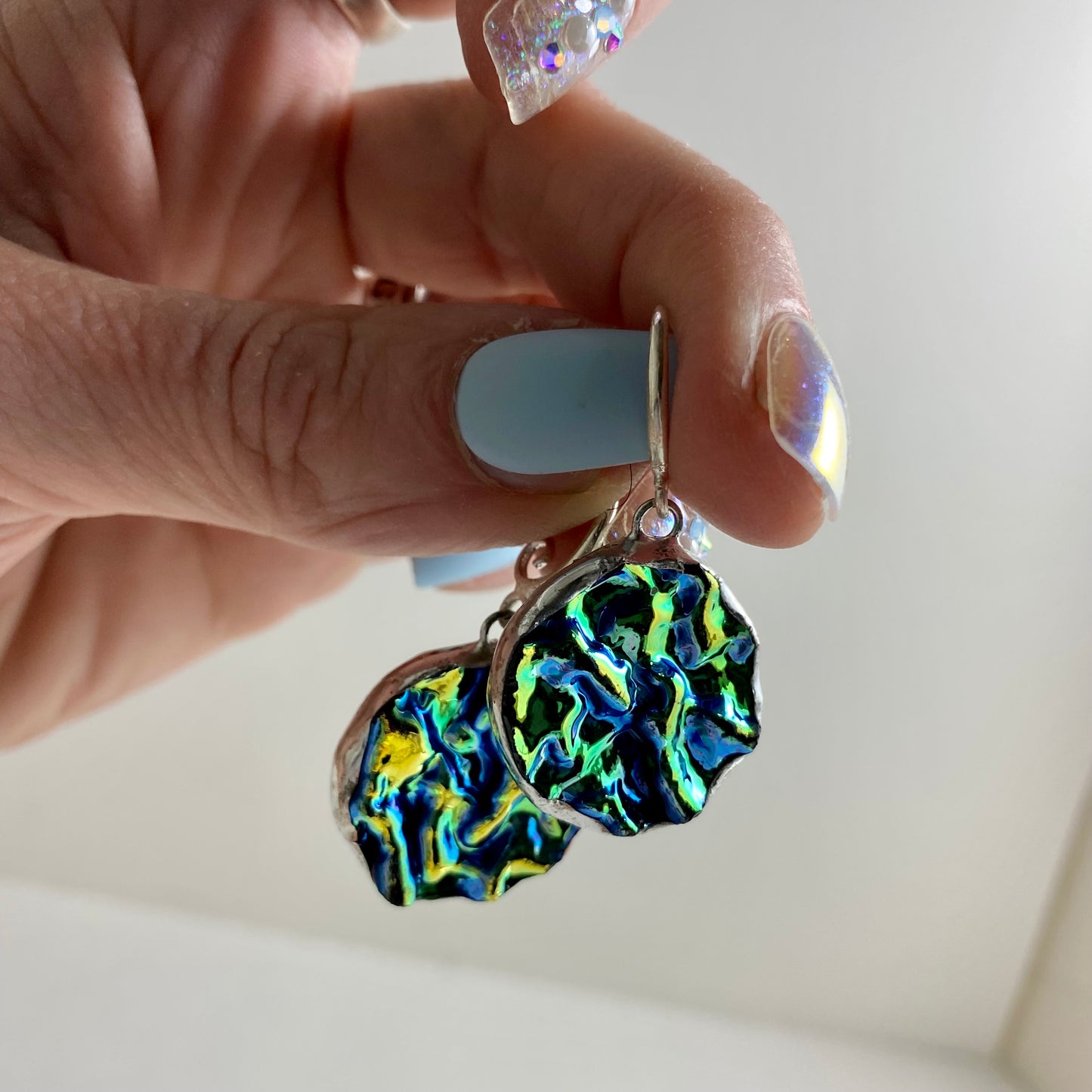 Iridescent Circle Earrings | Stained Glass Earrings by Hip Chick Glass, Stained Glass Dangle Drop Earrings, Stained Glass Earrings