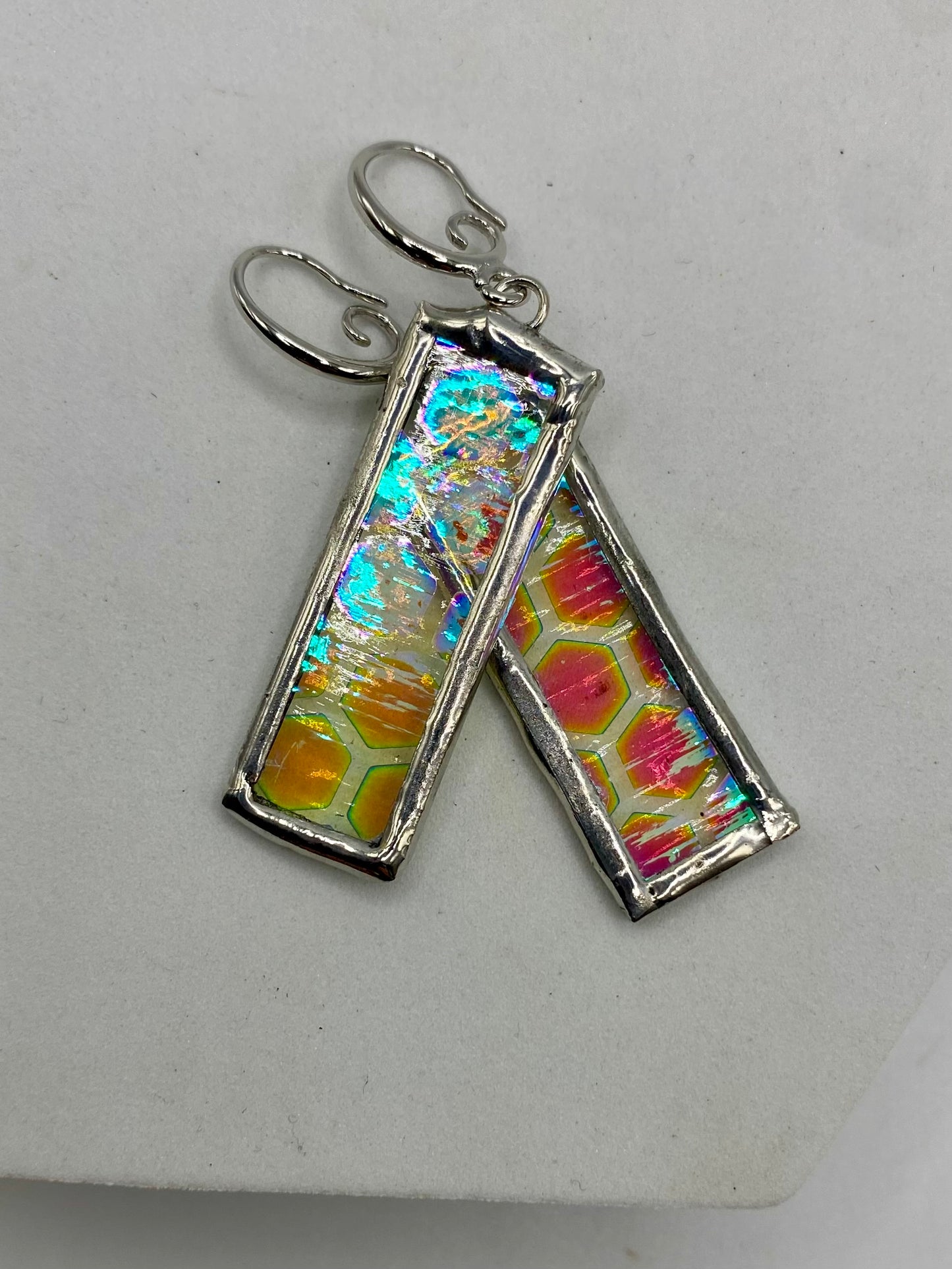 Honeycomb Rectangle Earrings | Stained Glass Earrings by Hip Chick Glass, Iridescent Statement Earrings, Geometric Earrings