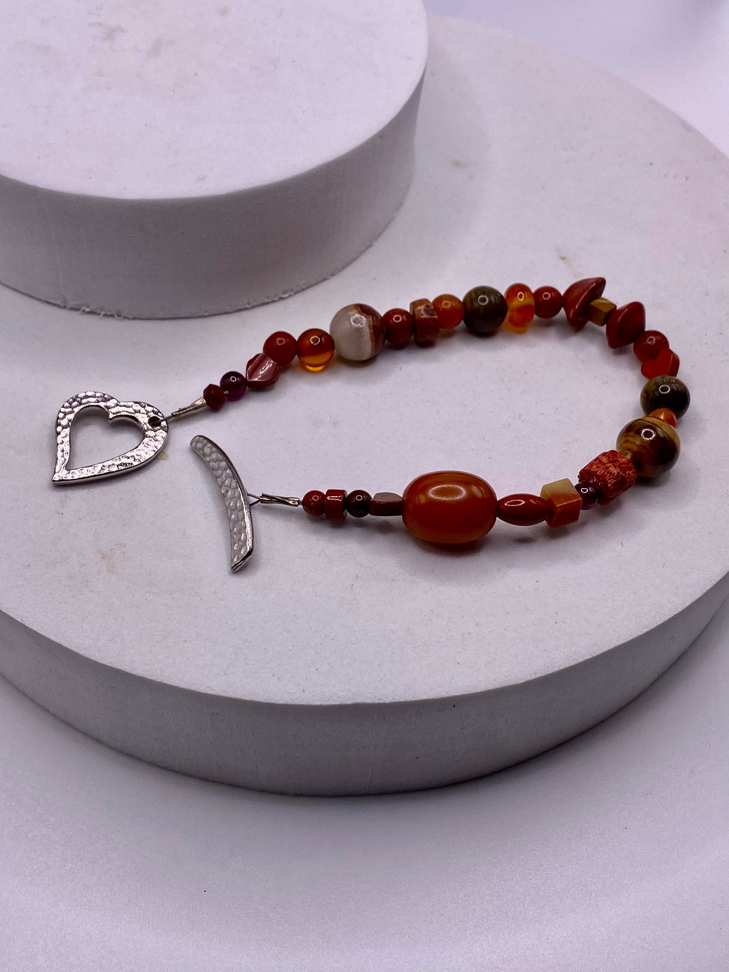 Valentines Day Bracelet with Pewter Heart Clasp & Mixed Orange Gemstones by Hip Chick Glass, Handmade Bracelet, Handmade Gemstone Bracelet, Birthstone Gift
