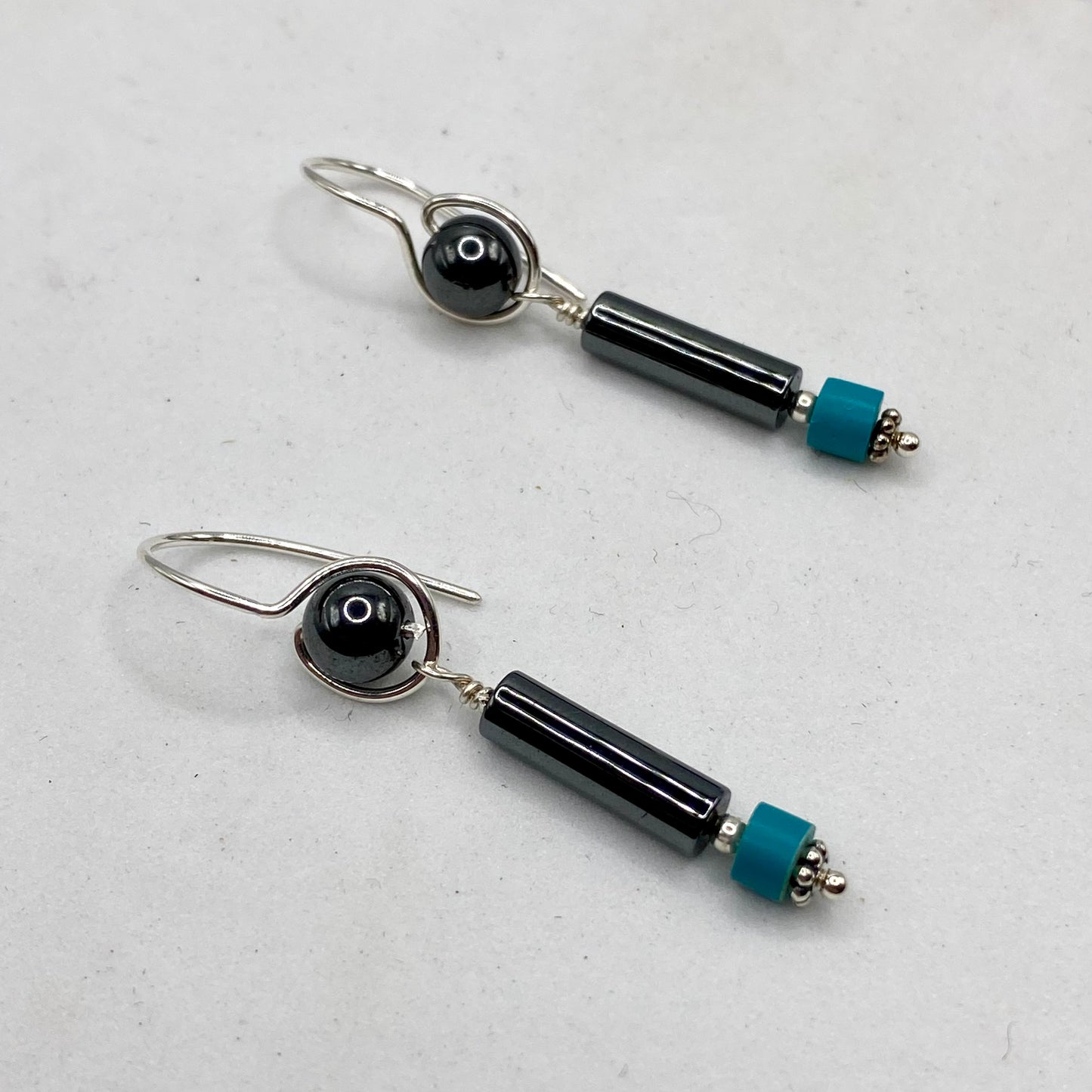 Hematite & Chalk Turquoise Dangle Earrings by Hip Chick Glass, Sterling Silver Earrings, Handmade Gemstone Jewelry, Handmade Jewelry Gift, Birthstone Earrings