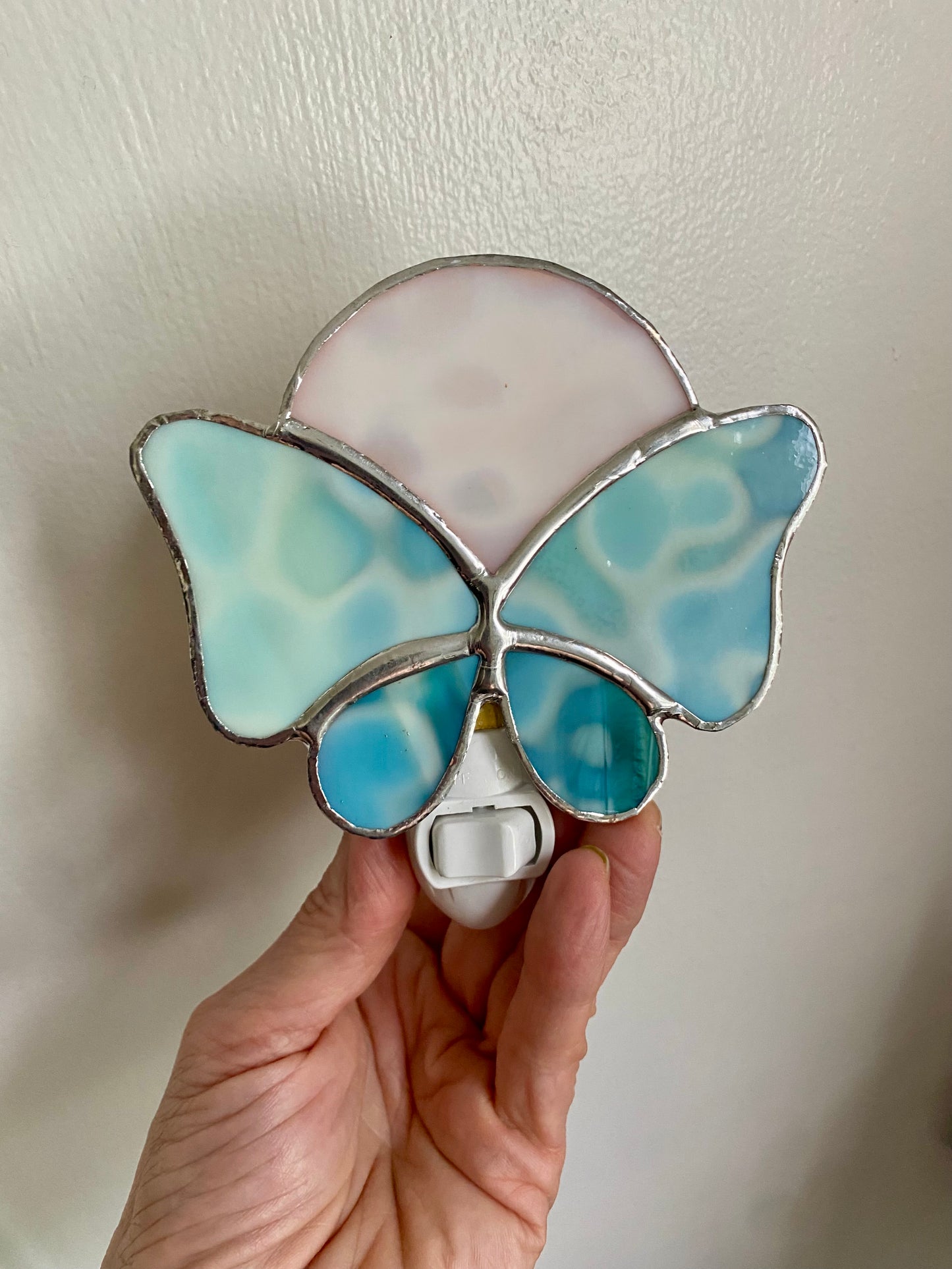 Blue Butterfly Nightlight under a white moon | Gretchen Shutt | Hip Chick Glass, LLC