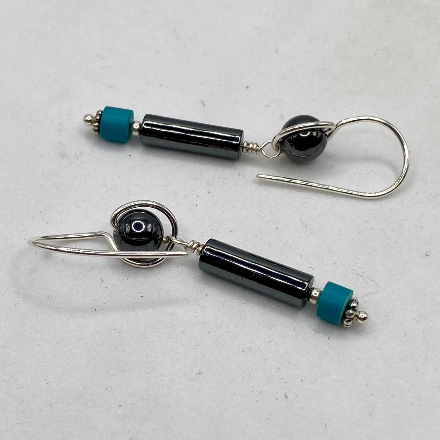Hematite & Chalk Turquoise Dangle Earrings by Hip Chick Glass, Sterling Silver Earrings, Handmade Gemstone Jewelry, Handmade Jewelry Gift, Birthstone Earrings