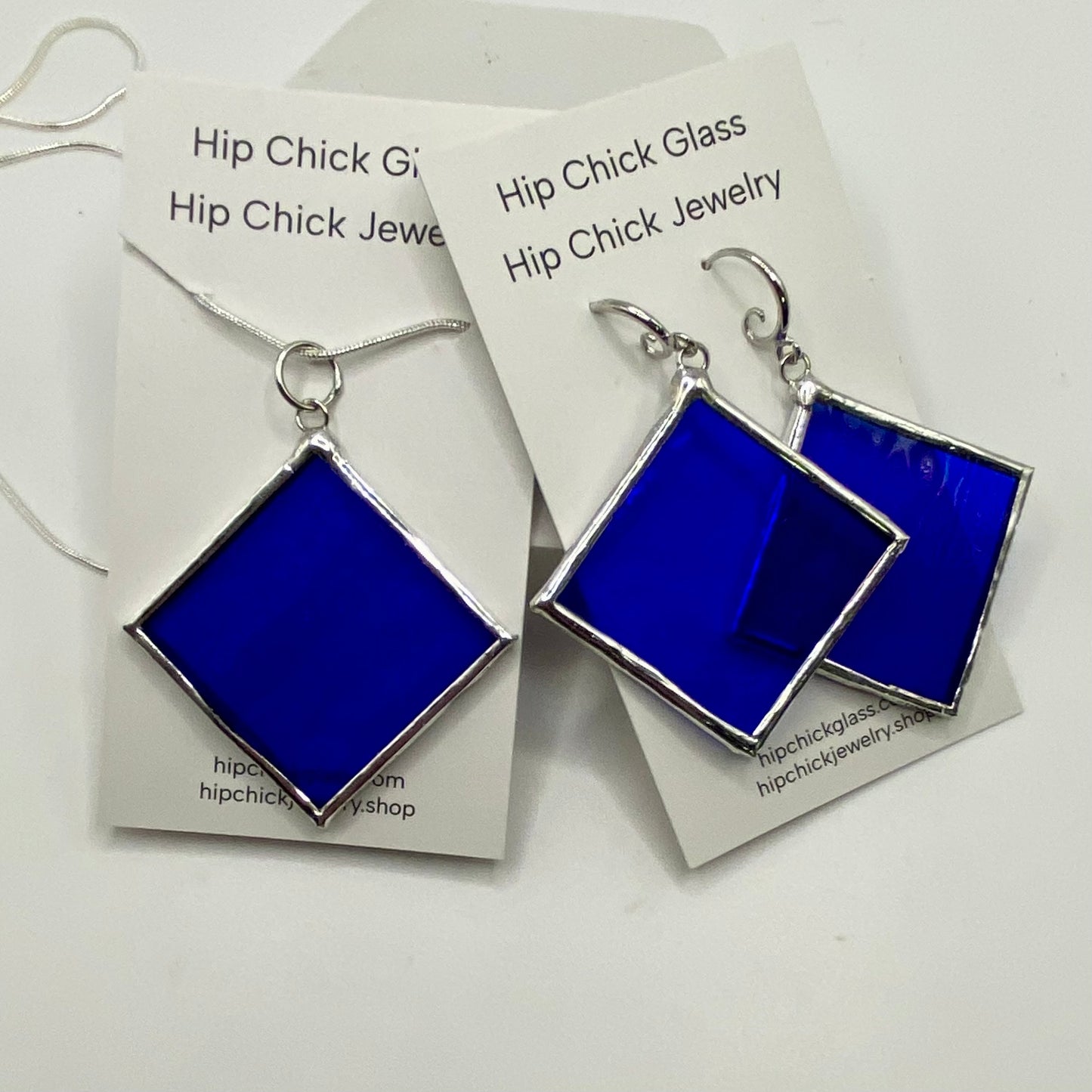 Dark Blue Diamond Stained Glass Jewelry Set by Hip Chick Glass, Stained Glass Necklace Stained Glass Earrings