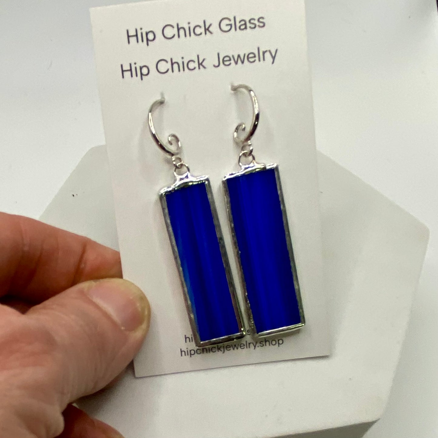 Dark Blue Rectangle Stained Glass Jewelry Set by Hip Chick Glass, Stained Glass Necklace Stained Glass Earrings