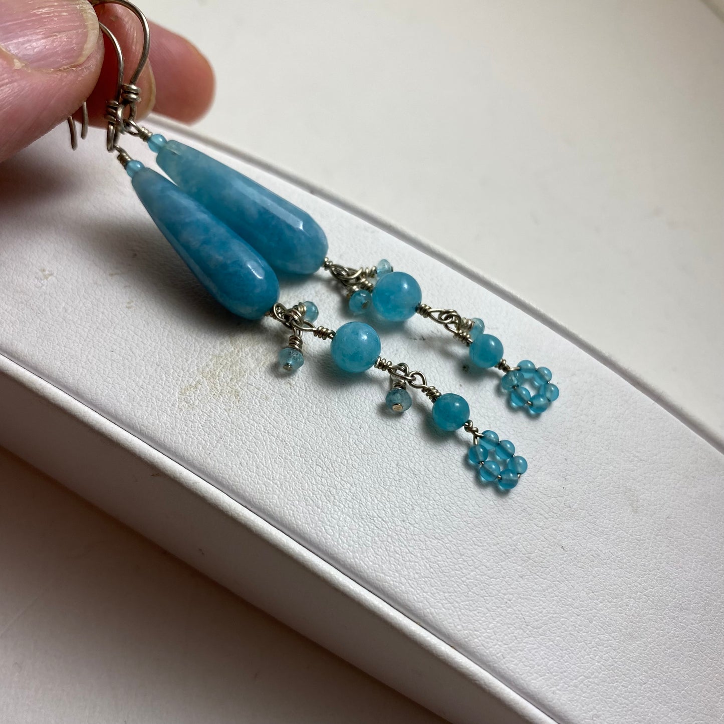Long Aquamarine & Angelite Dangle Earrings by Hip Chick Glass, Sterling Silver Earrings, Handmade Gemstone Jewelry, March Birthstone Gift