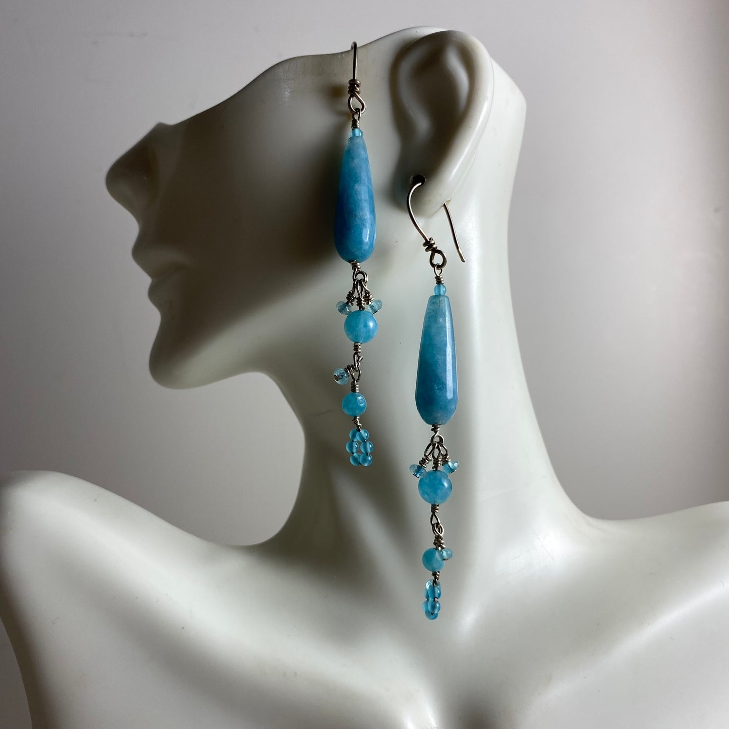 Long Aquamarine & Angelite Dangle Earrings by Hip Chick Glass, Sterling Silver Earrings, Handmade Gemstone Jewelry, March Birthstone Gift