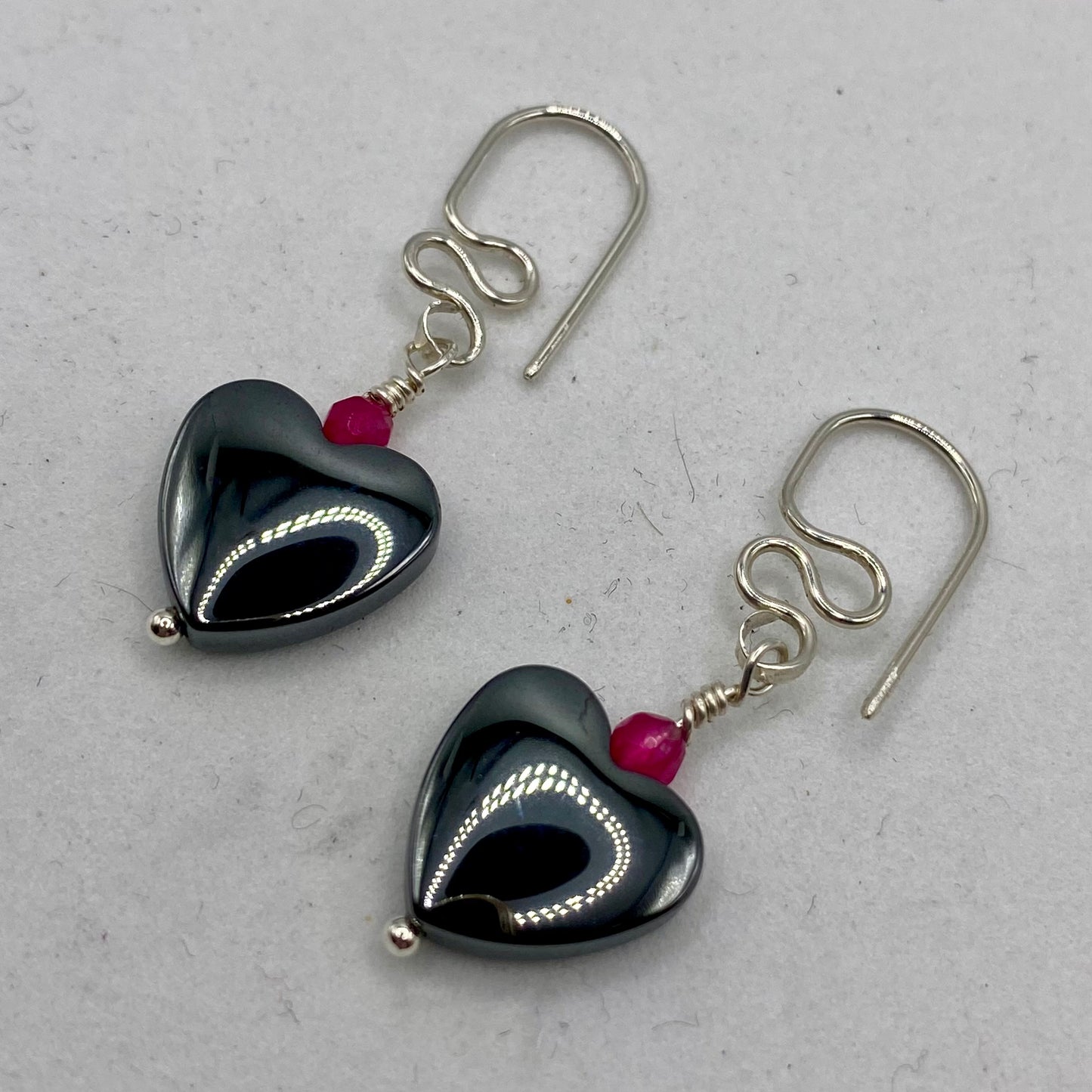 Hematite Heart Dangle Earrings by Hip Chick Glass, Sterling Silver Earrings, Handmade Gemstone Jewelry, Handmade Jewelry Gift, Birthstone Earrings