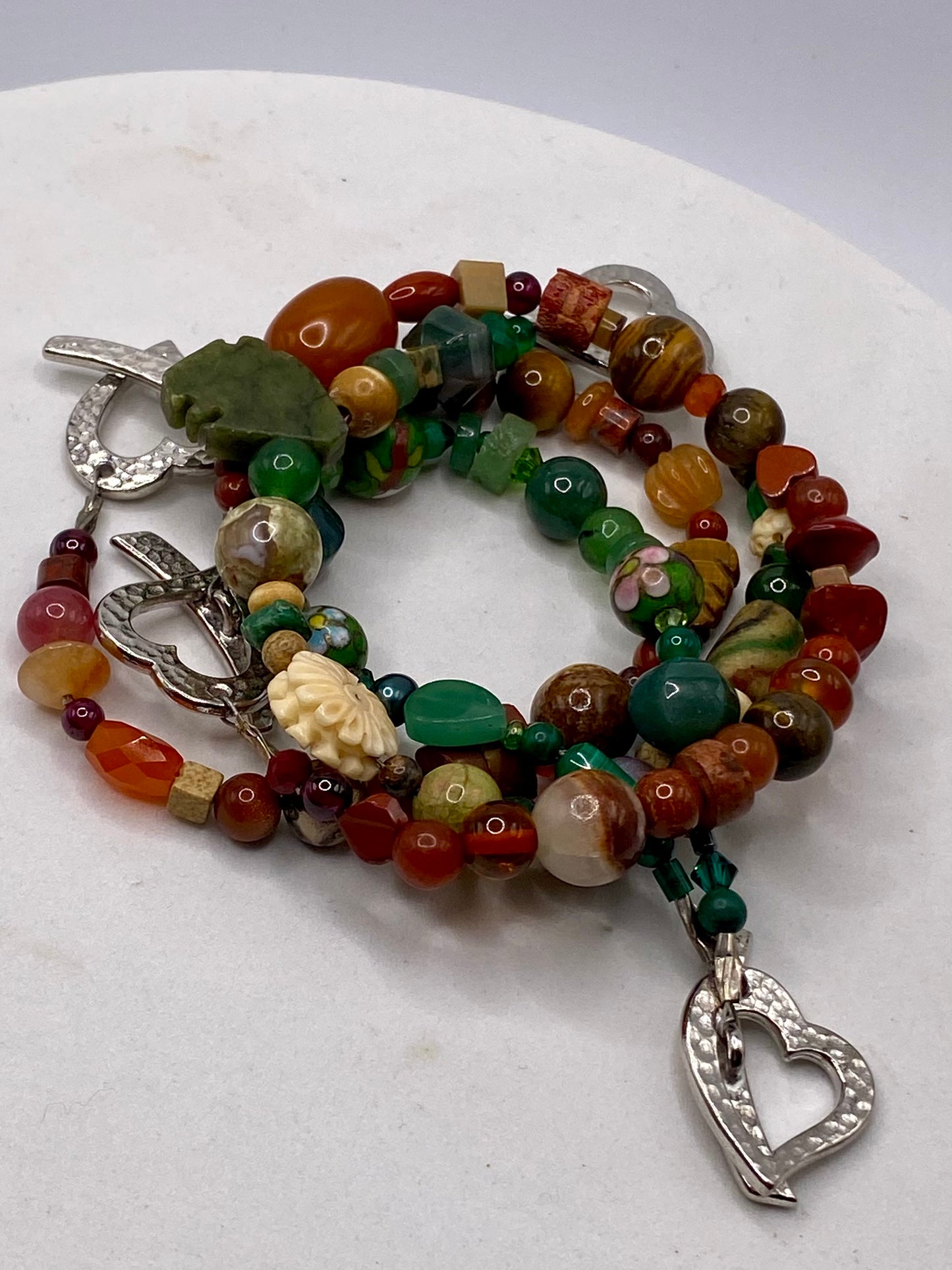 Valentines Day Bracelet with Heart Clasp & Mixed Green Gemstones by Hip Chick Glass, Handmade Bracelet, Handmade Gemstone Bracelet, Birthstone Gift