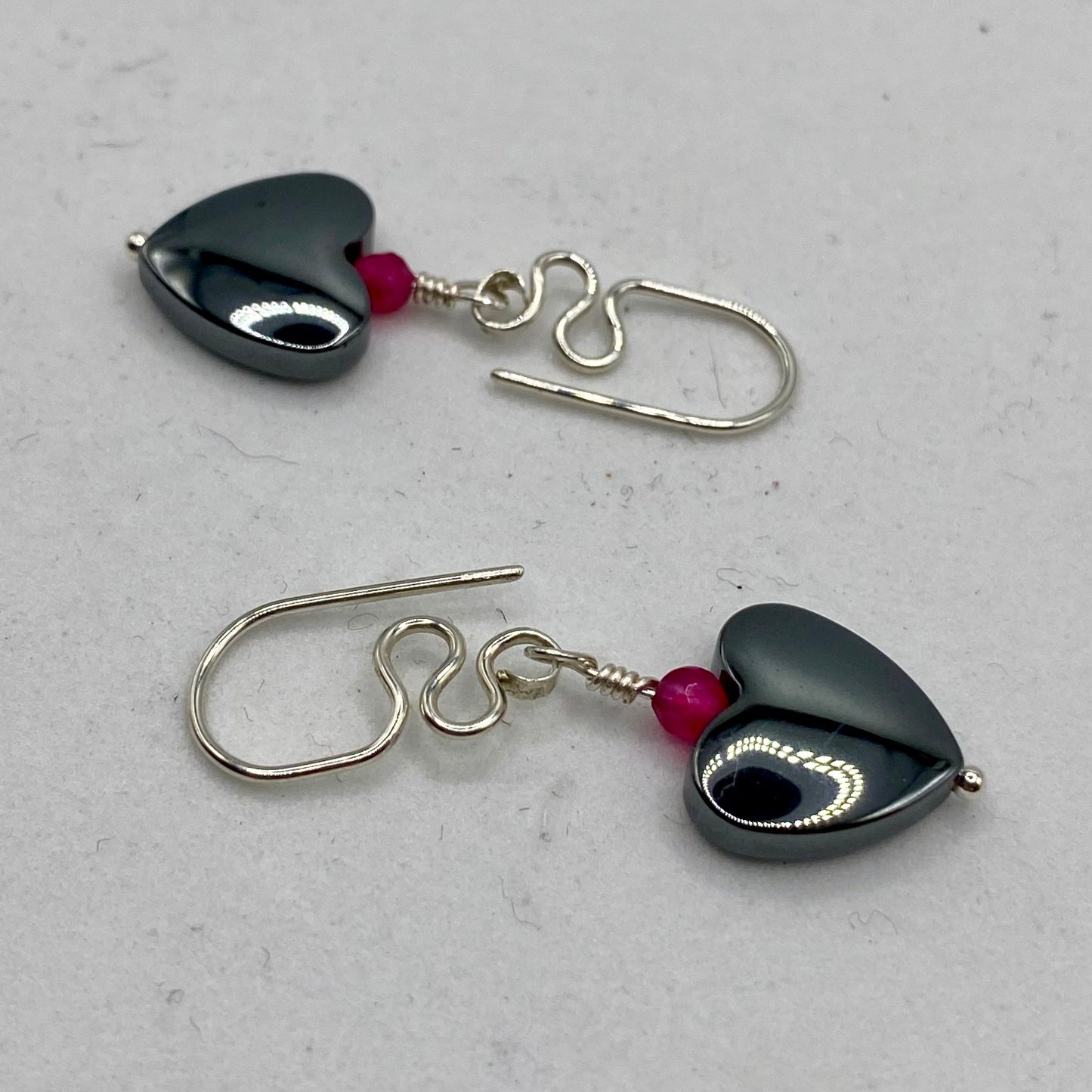 Hematite Heart Dangle Earrings by Hip Chick Glass, Sterling Silver Earrings, Handmade Gemstone Jewelry, Handmade Jewelry Gift, Birthstone Earrings