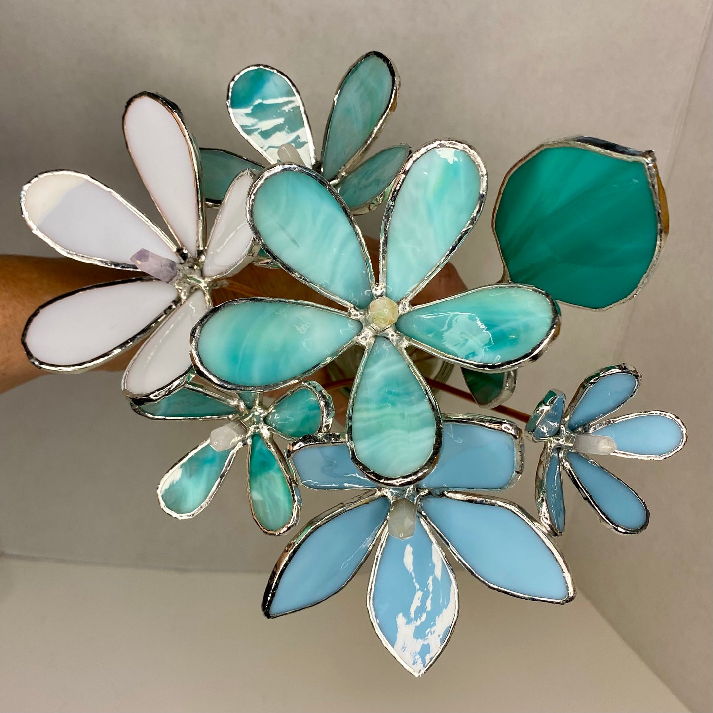 Mini Bouquet, Set of 3 Flowers & 1 Leaf | Stained Glass Flower Bouquet, Glass Flowers with Quartz Crystals on a Stem, Handmade Home Decor, Wedding Bouquet Keepsake, Tabletop Decor
