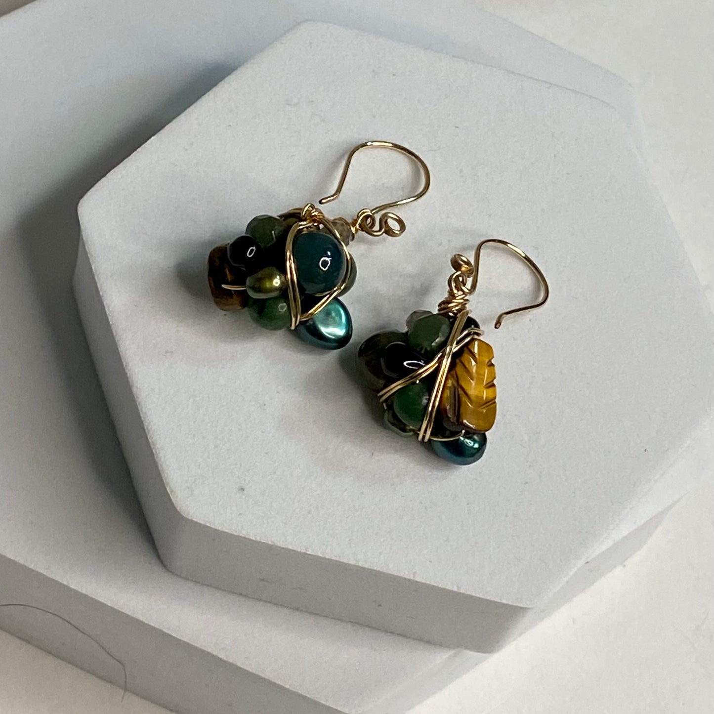 Green Gemstone Bead Wire Wrap Earrings by Hip Chick Glass, 14 Karat Gold Fill Earrings, Handmade Gemstone Jewelry, OOAK Birthstone Gift