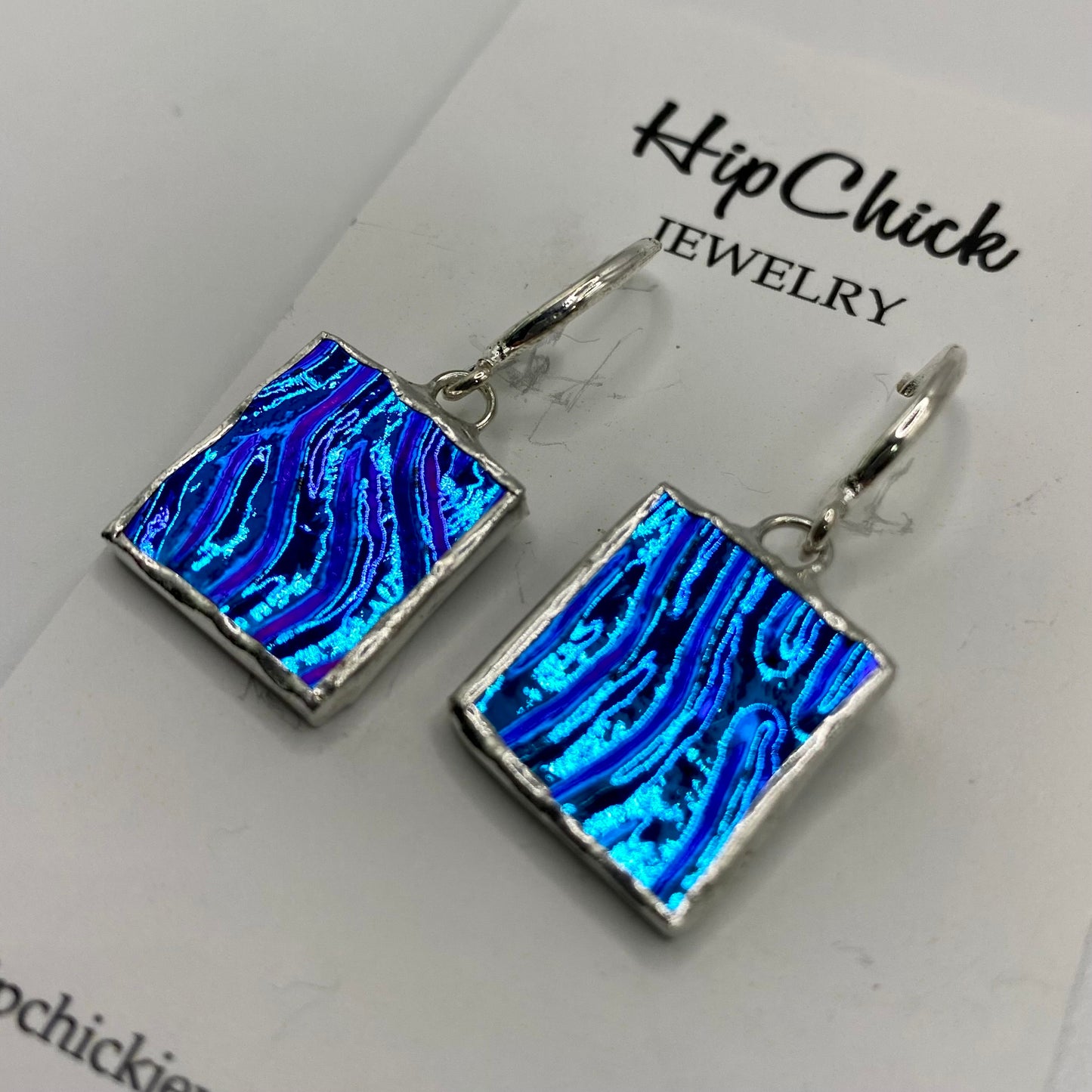 Blue Square Earrings | Stained Glass Earrings by Hip Chick Glass, Stained Glass Dangle Drop Earrings, Stained Glass Earrings