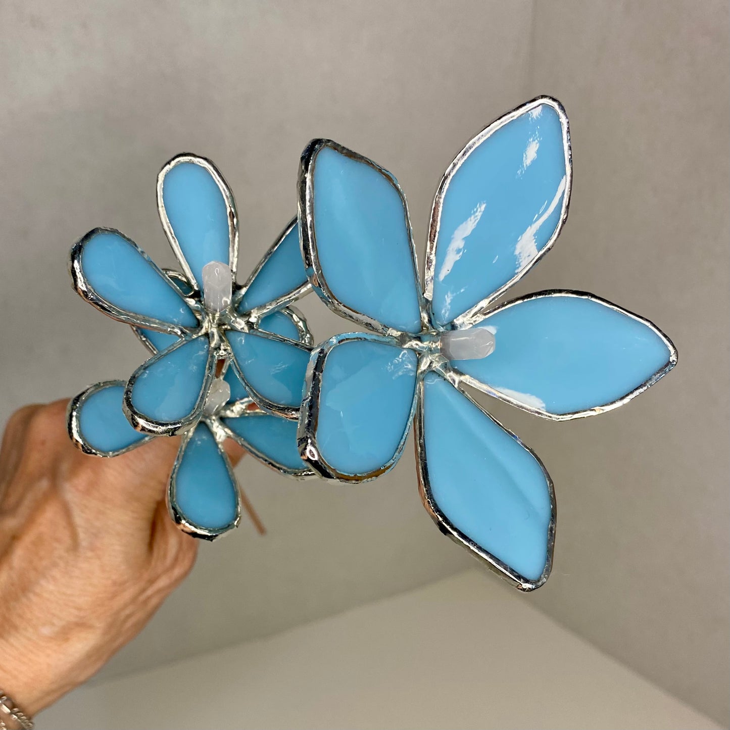 Mini Bouquet, Set of 3 Flowers & 1 Leaf | Stained Glass Flower Bouquet, Glass Flowers with Quartz Crystals on a Stem, Handmade Home Decor, Wedding Bouquet Keepsake, Tabletop Decor
