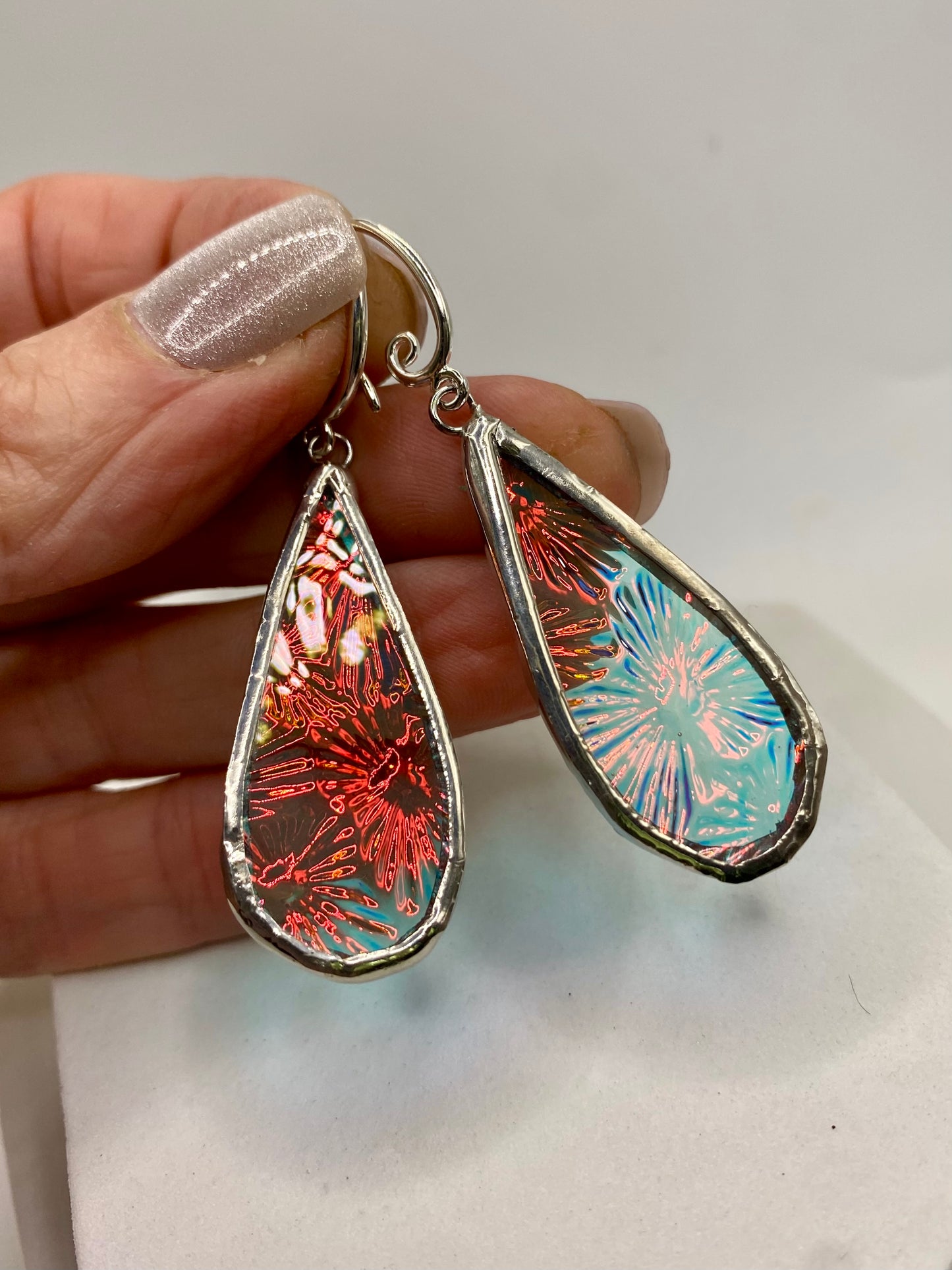 Pink Blue Teardrop Earrings | Stained Glass Earrings by Hip Chick Glass, Stained Glass Dangle Drop Earrings, Stained Glass Earrings