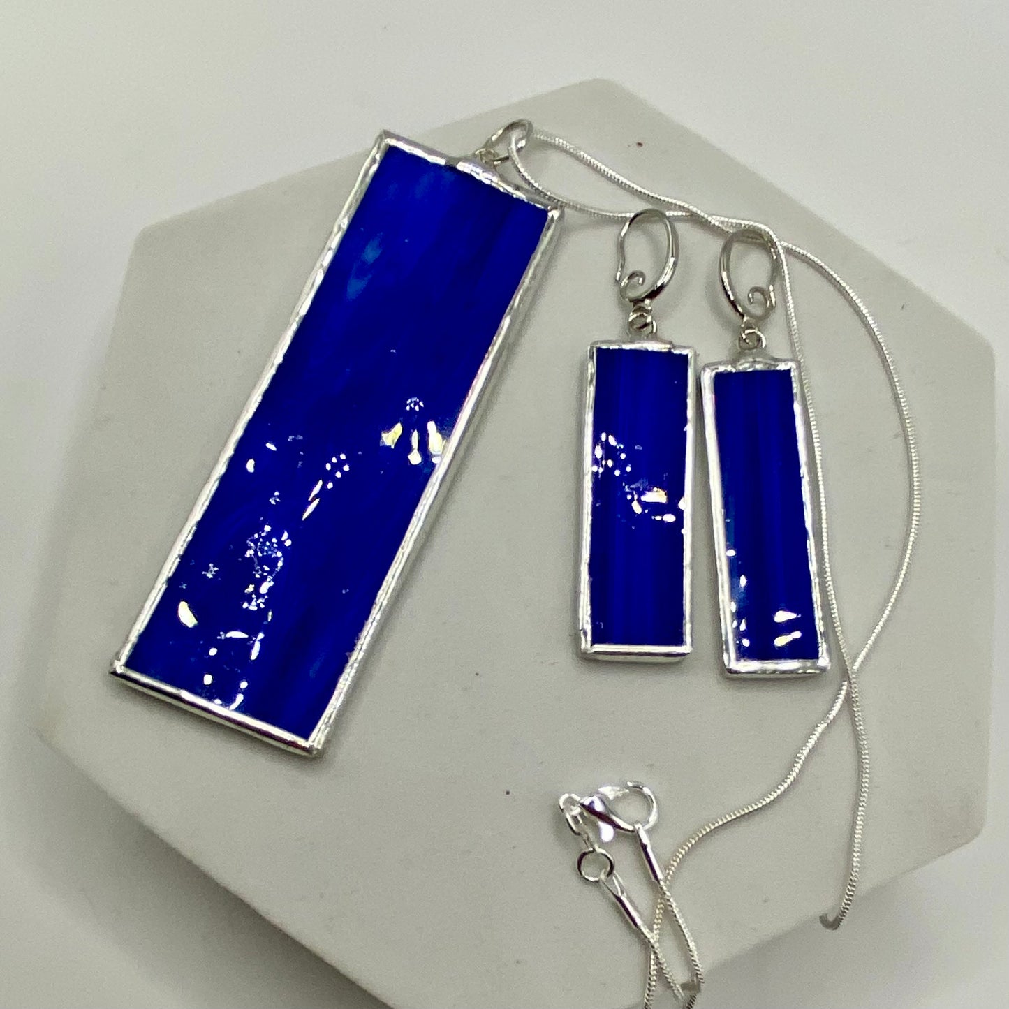 Dark Blue Rectangle Stained Glass Jewelry Set by Hip Chick Glass, Stained Glass Necklace Stained Glass Earrings