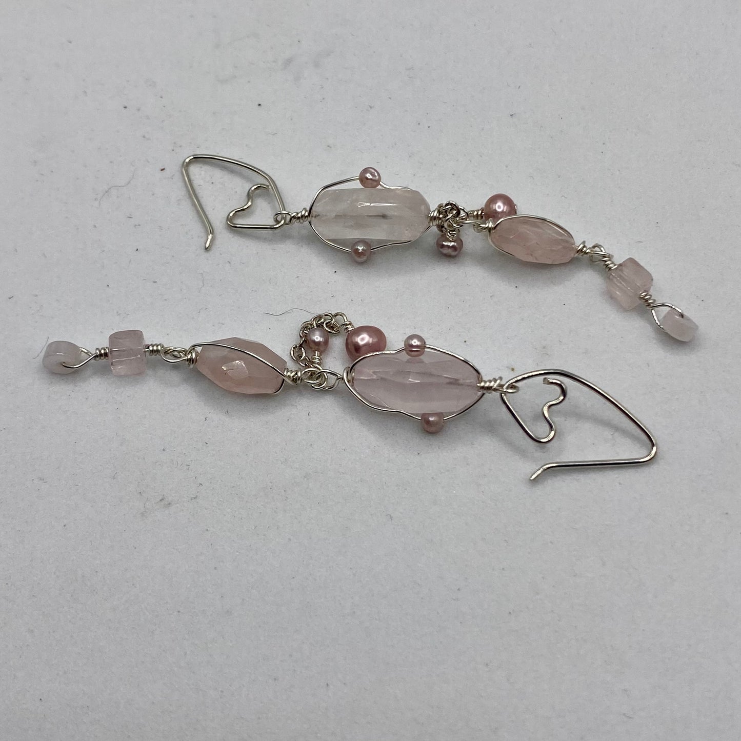 Long Rose Quartz & Pearl Dangle Earrings by Hip Chick Glass, Sterling Silver Earrings, Handmade Gemstone Jewelry, June Birthstone Gift